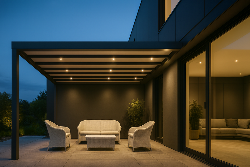 Modern outdoor porch lighting with seating area and house interior reflection
