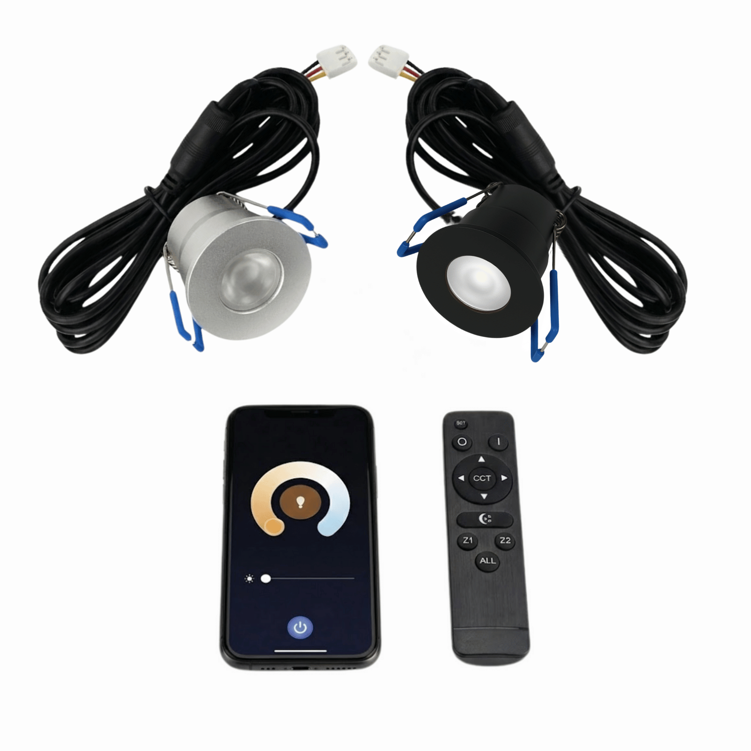 Begaman SMART CCT | Black Recessed 3W Spot Kit | LED + 5m Cable + 36W Driver + EU Plug + Junction Box + Controller, CCT 2700–6000K