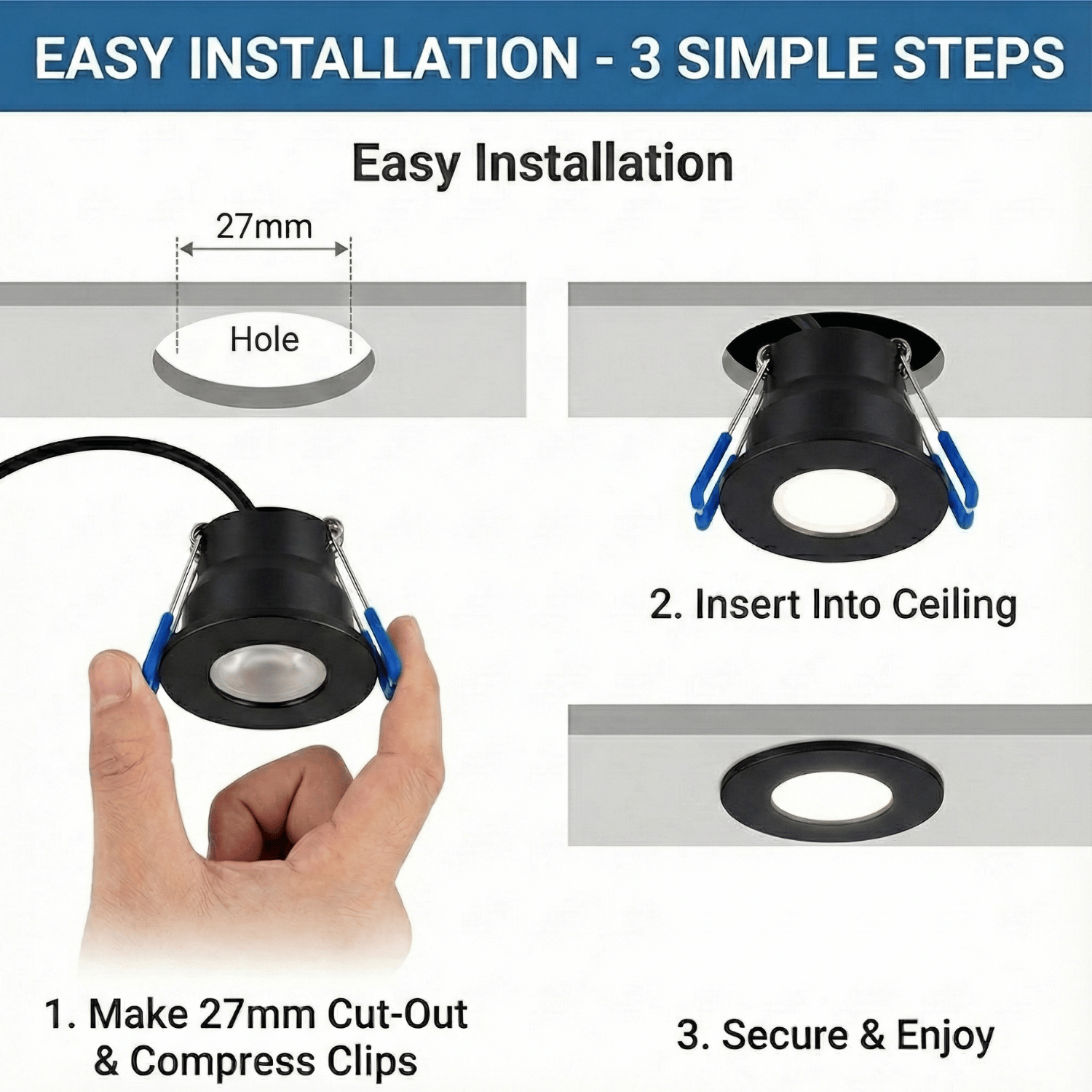Begaman SMART CCT | Black Recessed 3W Spot Kit | LED + 5m Cable + 36W Driver + EU Plug + Junction Box + Controller, CCT 2700–6000K