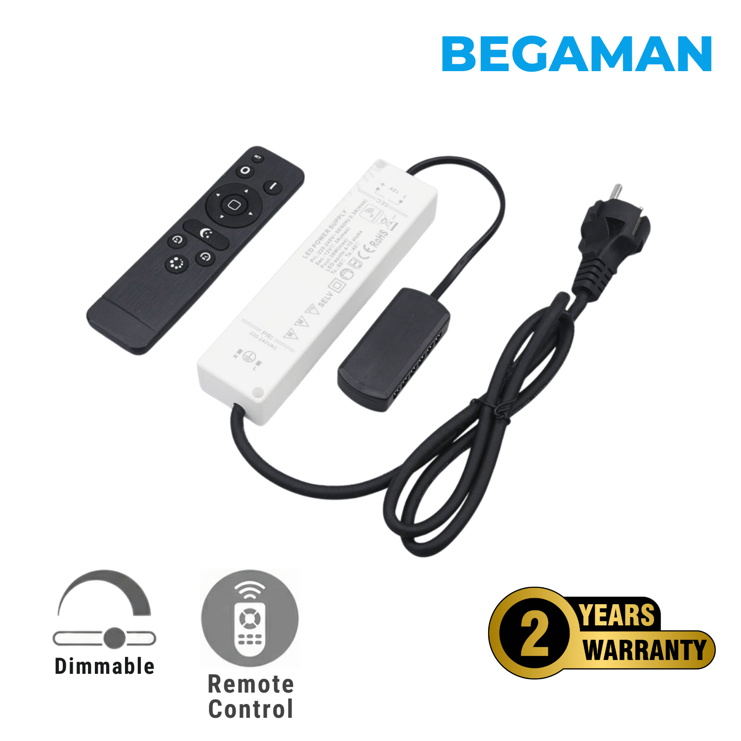 Begaman PRO Dim | Dimmable Recessed 3W Spot Kit Serie Driver Kit | 36W Driver + EU Plug + Junction Box + Controller