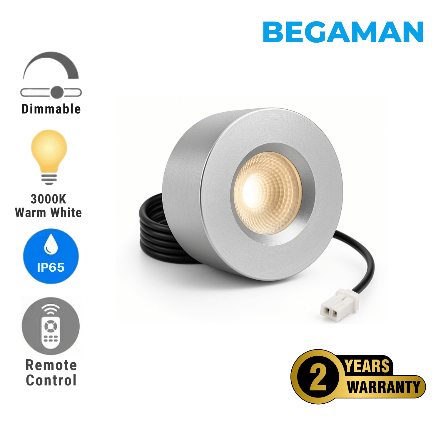 Begaman PRO Surface | Silver Surface 3W Spot Kit | LED + 5m Cable, 3000K Warm White