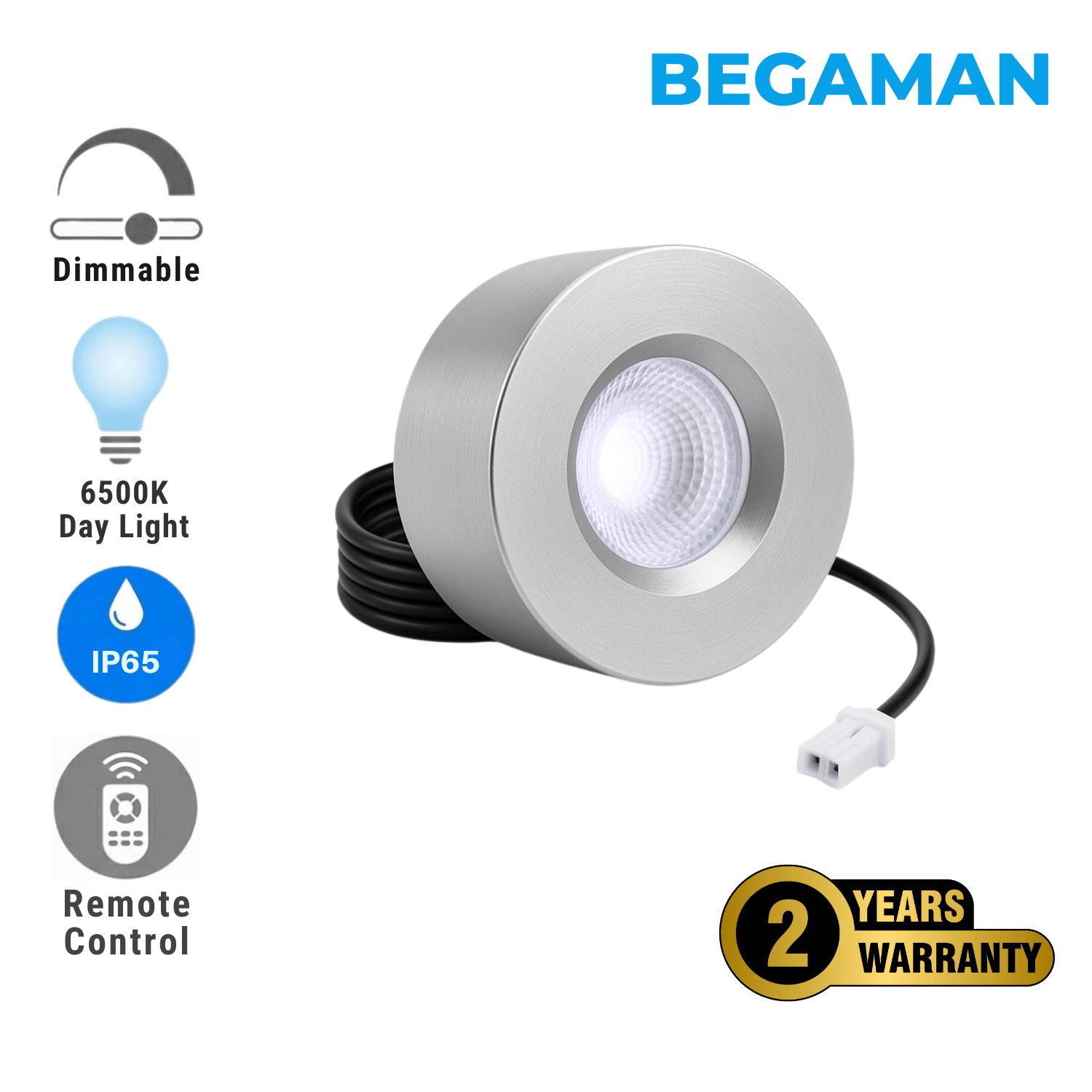 Begaman PRO Surface | Silver Surface 3W Spot Kit | LED + 5m Cable, 6000K Daylight