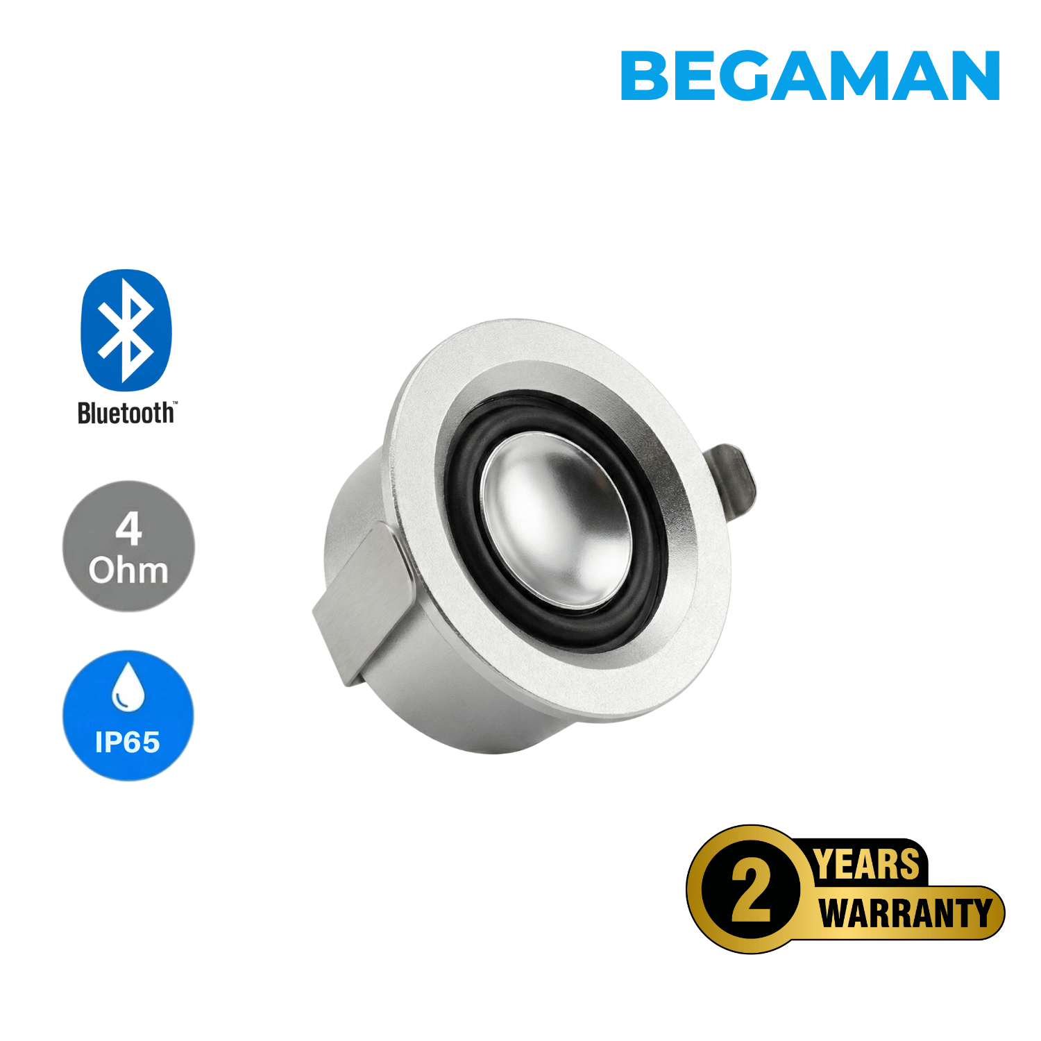Begaman SMART Audio | Silver 4 Ohm 3W Mini Recessed Bluetooth Speaker Kit + 3m Cable + 36W Driver + EU Plug + Junction Box