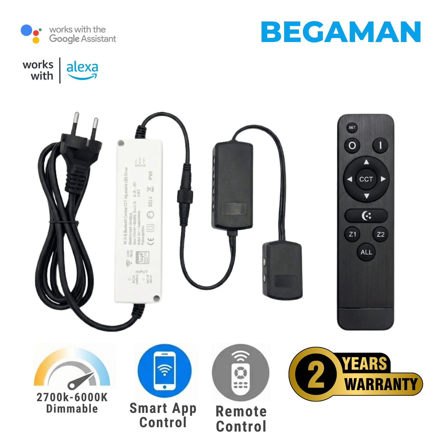 Begaman SMART CCT | 3W Recessed 3IN1 2700K-6000K Smart Serie Driver Kit | 36W Driver + EU Plug + Junction Box + Controller, CCT 2700–6000K