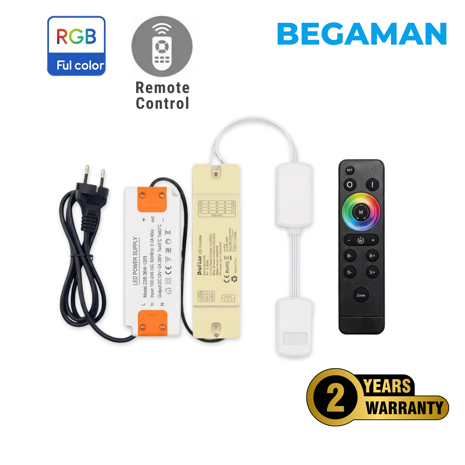 Begaman SMART Colour | 3W Recessed Full Colour RGB Serie Driver Kit | 36W Driver + EU Plug + Junction Box + Controller, RGB Full Colour