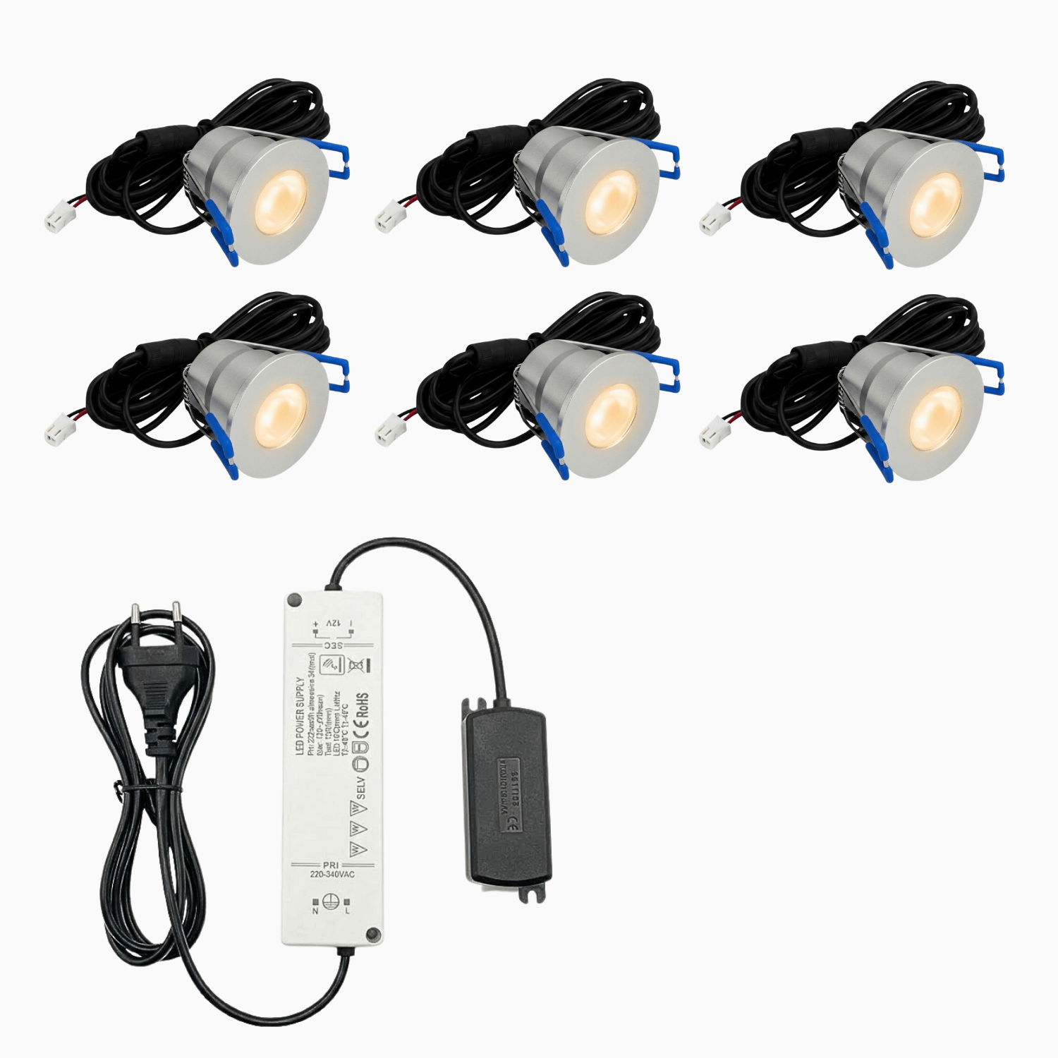 Begaman PRO Core | Silver Recessed 3W Spot Kit | LED + 5m Cable + 36W Driver + EU Plug + Junction Box, 2700K Warm White