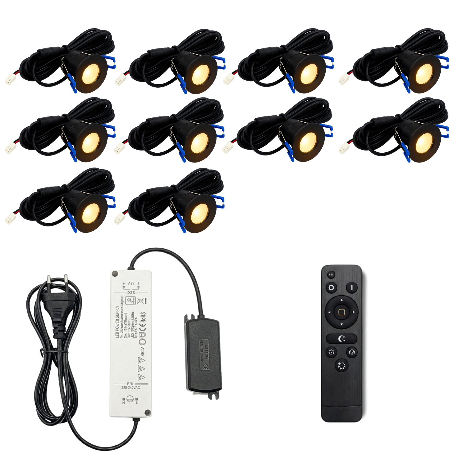 Begaman PRO Dim | Black Recessed 3W Spot Kit | LED + 5m Cable + 36W Driver + EU Plug + Junction Box + Controller, 2700K Warm White