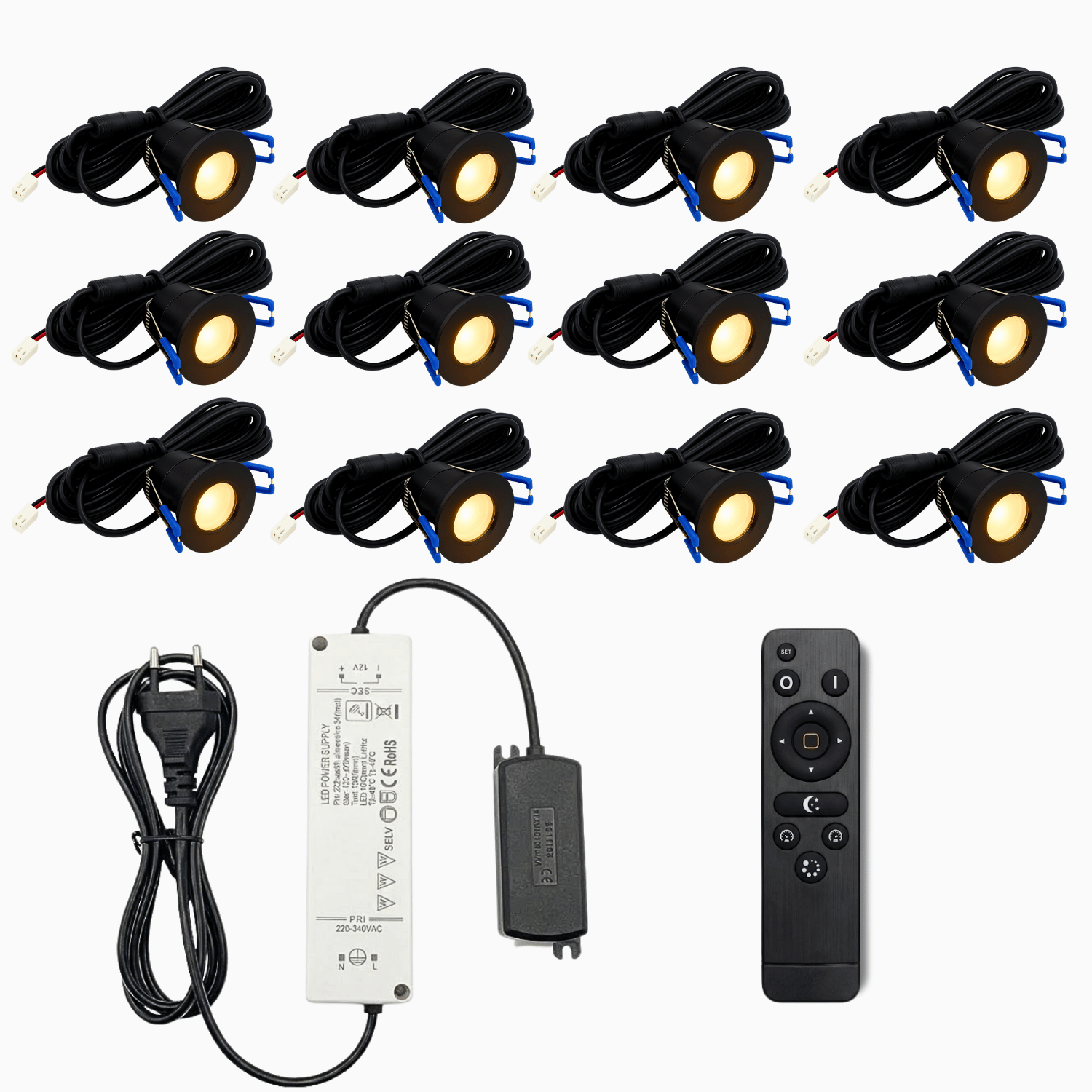Begaman PRO Dim | Black Recessed 3W Spot Kit | LED + 5m Cable + 36W Driver + EU Plug + Junction Box + Controller, 2700K Warm White