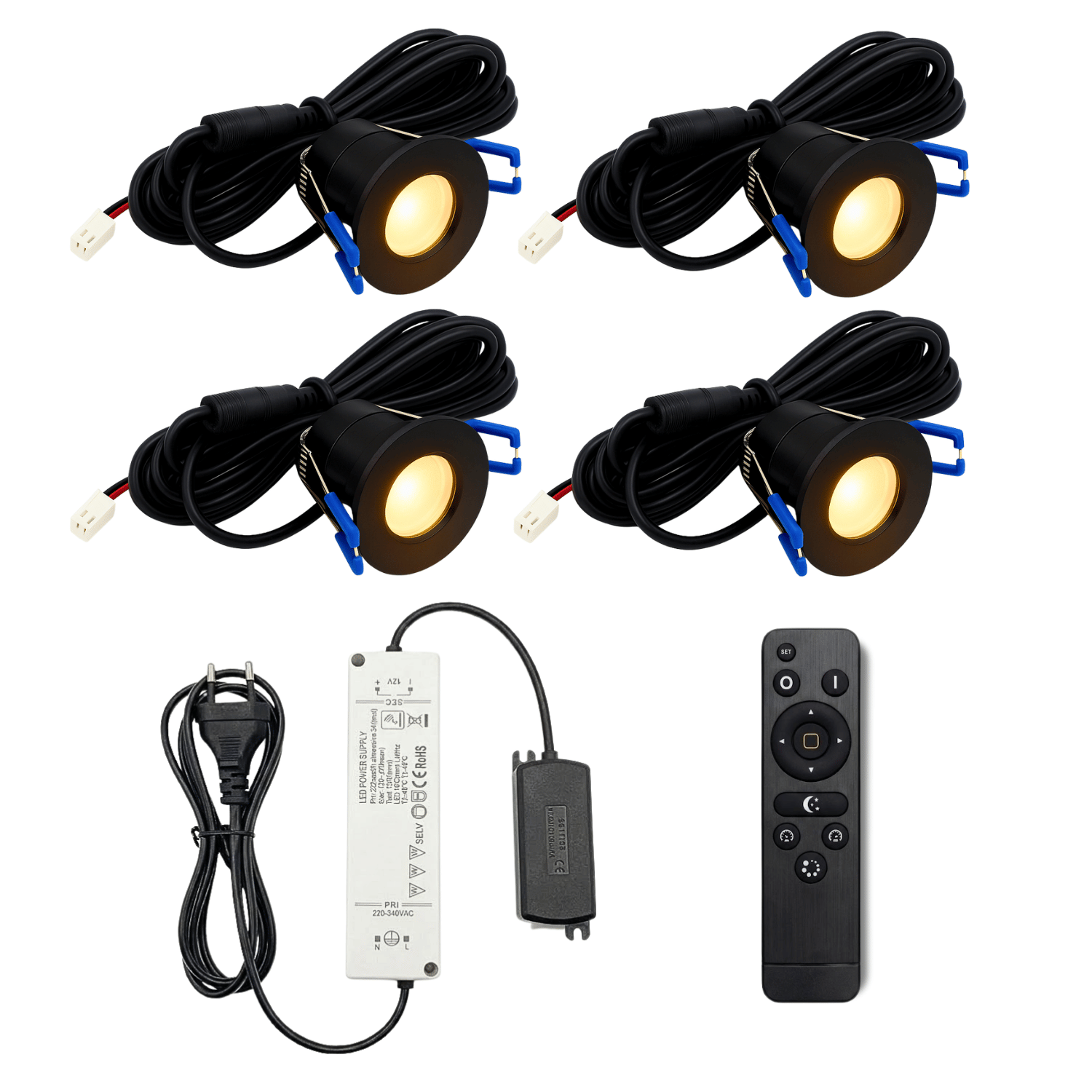 Begaman PRO Dim | Black Recessed 3W Spot Kit | LED + 5m Cable + 36W Driver + EU Plug + Junction Box + Controller, 2700K Warm White