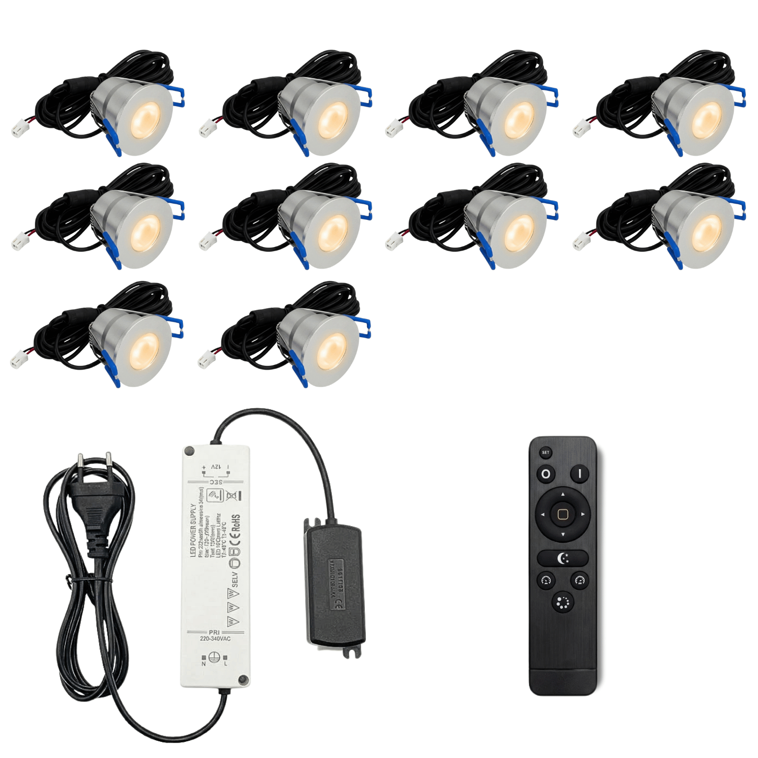 Begaman PRO Dim | Silver Recessed 3W Spot Kit | LED + 5m Cable + 36W Driver + EU Plug + Junction Box + Controller, 2700K Warm White