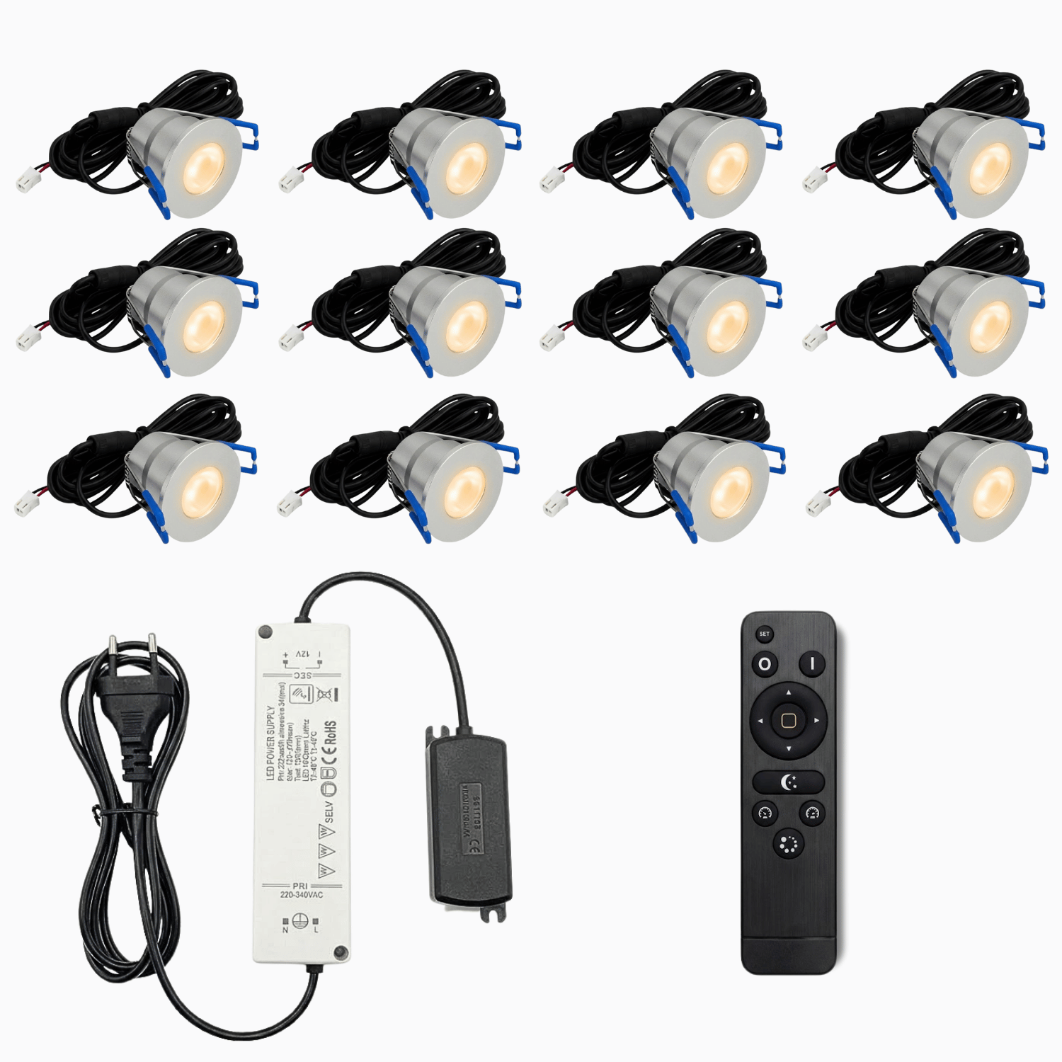 Begaman PRO Dim | Silver Recessed 3W Spot Kit | LED + 5m Cable + 36W Driver + EU Plug + Junction Box + Controller, 2700K Warm White