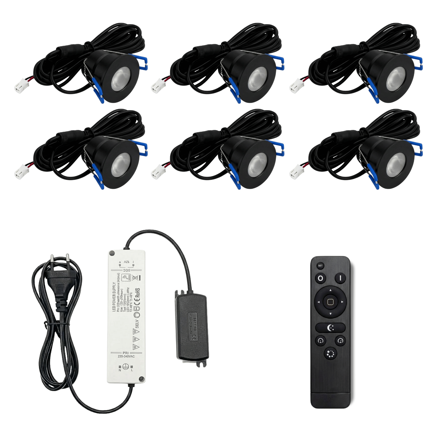 Begaman PRO Dim | Black Recessed 3W Spot Kit | LED + 5m Cable + 36W Driver + EU Plug + Junction Box Controller, 6500K Daylight