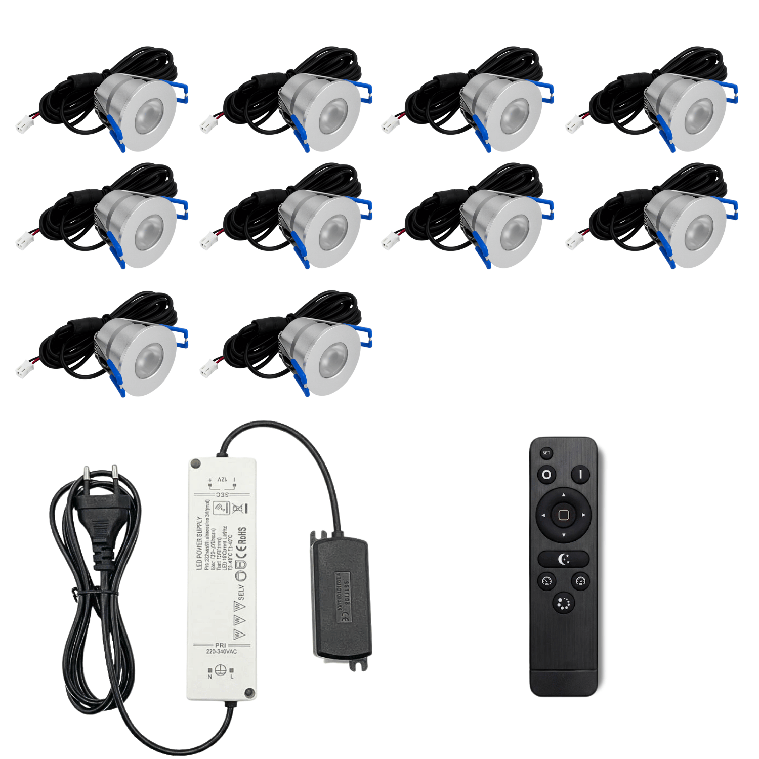 Begaman PRO Dim | Silver Recessed 3W Spot Kit | LED + 5m Cable + 36W Driver + EU Plug + Junction Box Controller, 6500K Daylight