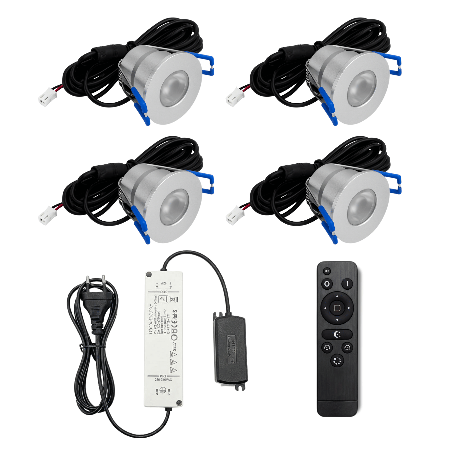 Begaman PRO Dim | Silver Recessed 3W Spot Kit | LED + 5m Cable + 36W Driver + EU Plug + Junction Box Controller, 6500K Daylight