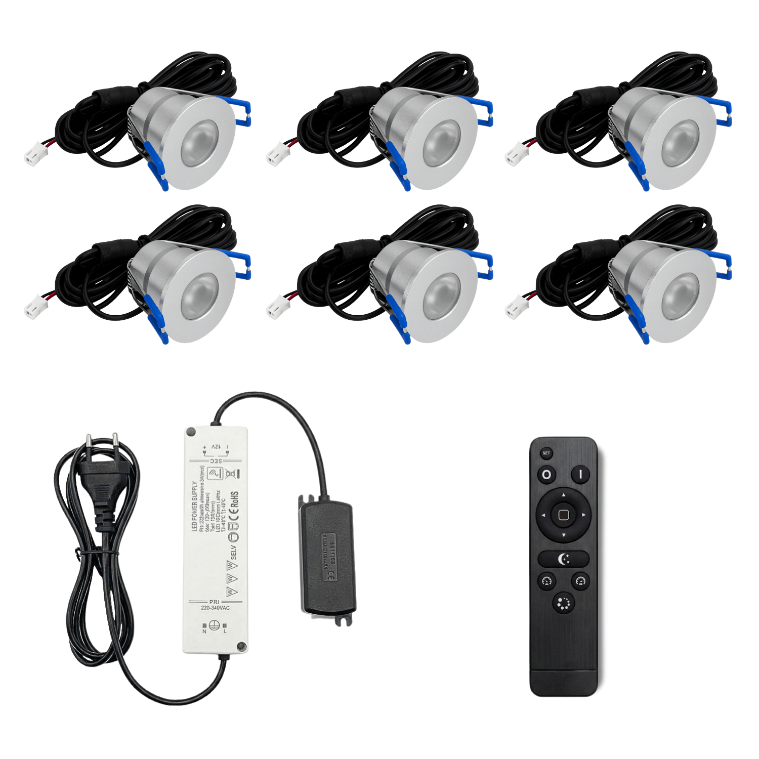 Begaman PRO Dim | Silver Recessed 3W Spot Kit | LED + 5m Cable + 36W Driver + EU Plug + Junction Box Controller, 6500K Daylight
