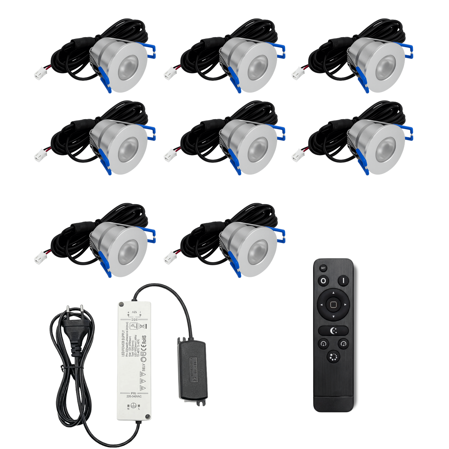 Begaman PRO Dim | Silver Recessed 3W Spot Kit | LED + 5m Cable + 36W Driver + EU Plug + Junction Box Controller, 6500K Daylight