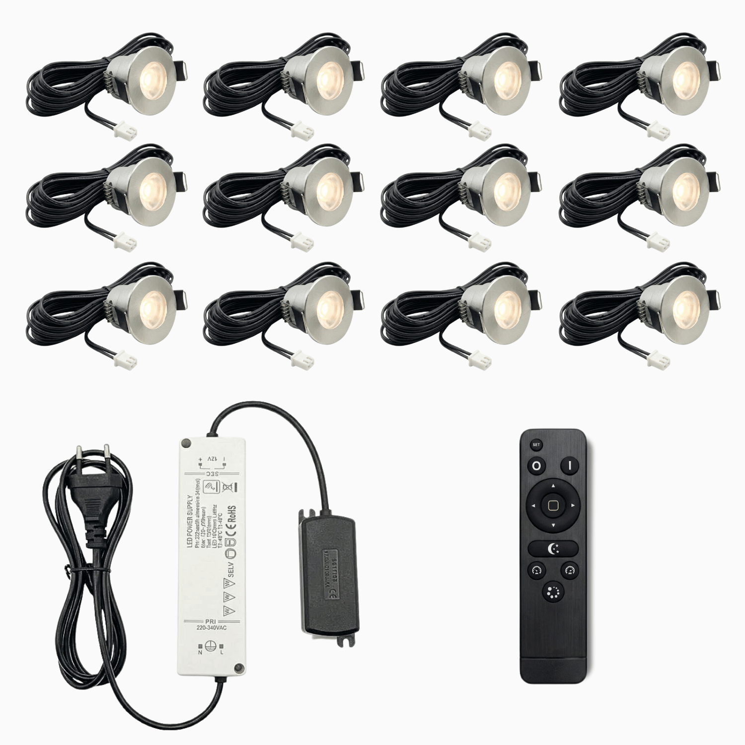 Begaman PRO Mini | Mini Silver Recessed 3W Dimmable Spot Kit | LED + 5m Cable + 36W Driver + EU Plug + Junction Box + Controller, 2700K Warm White