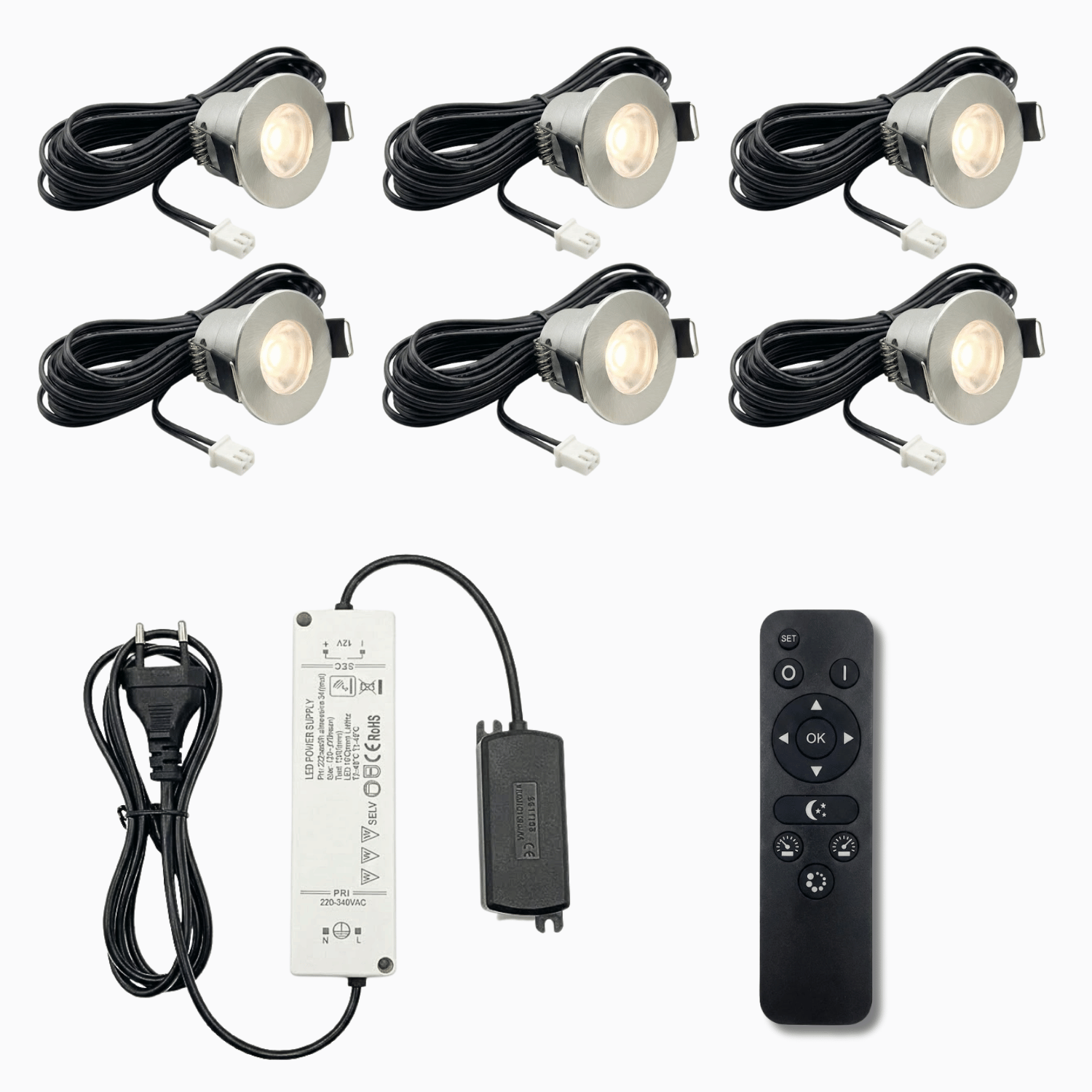 Begaman PRO Mini | Mini Silver Recessed 3W Dimmable Spot Kit | LED + 5m Cable + 36W Driver + EU Plug + Junction Box + Controller, 2700K Warm White