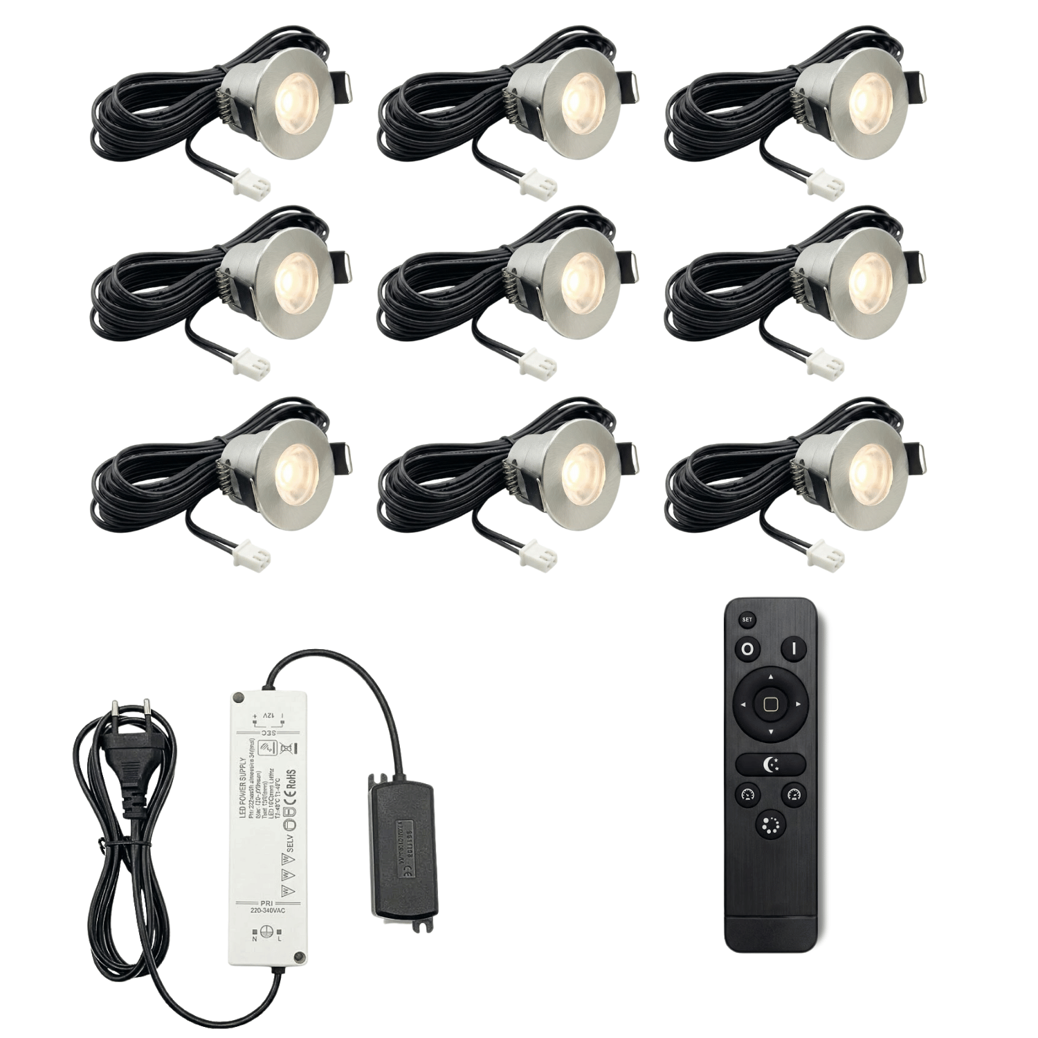 Begaman PRO Mini | Mini Silver Recessed 3W Dimmable Spot Kit | LED + 5m Cable + 36W Driver + EU Plug + Junction Box + Controller, 2700K Warm White