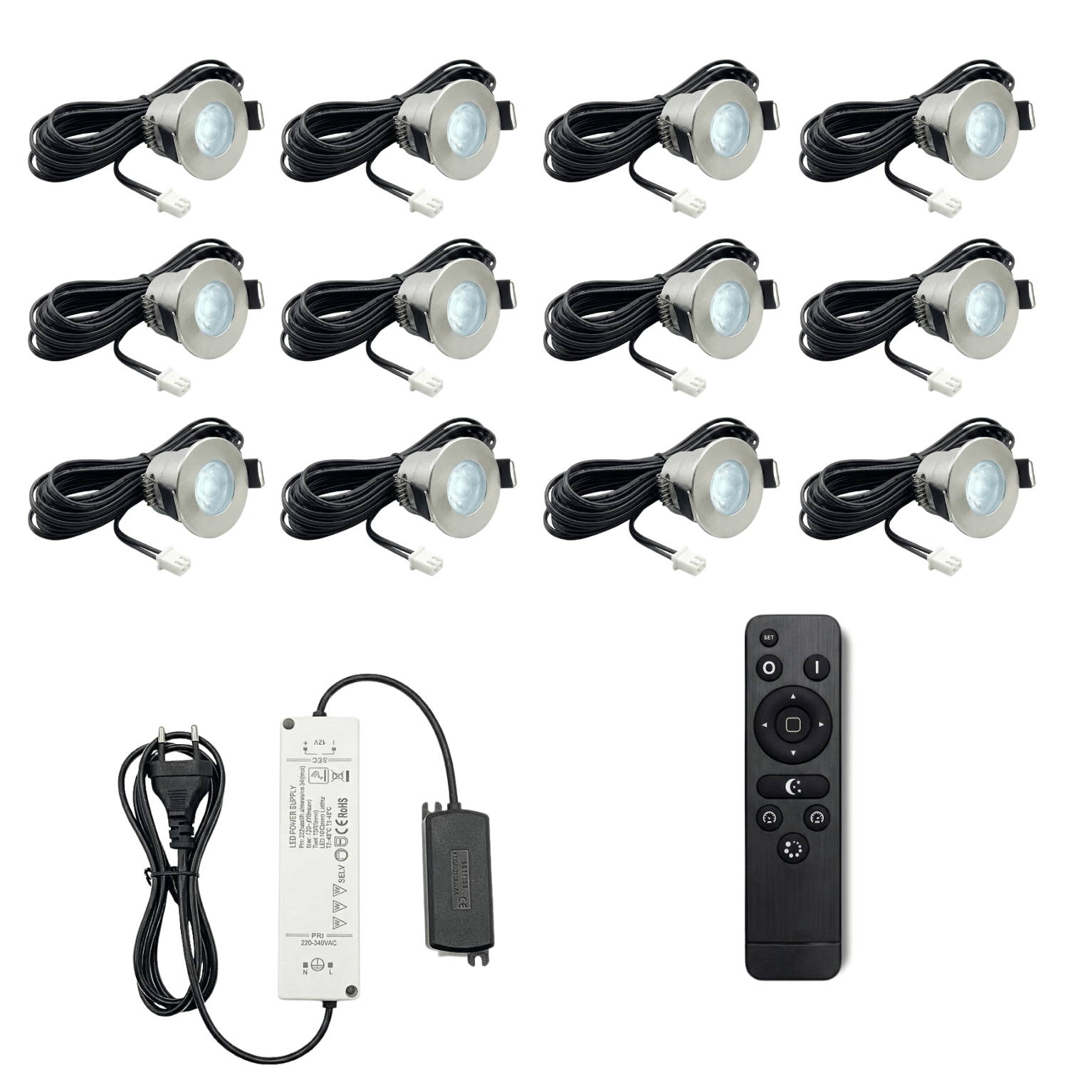 Begaman PRO Mini | Mini Silver Recessed 3W Dimmable Spot Kit | LED + 5m Cable + 36W Driver + EU Plug + Junction Box Controller, 6500K Daylight