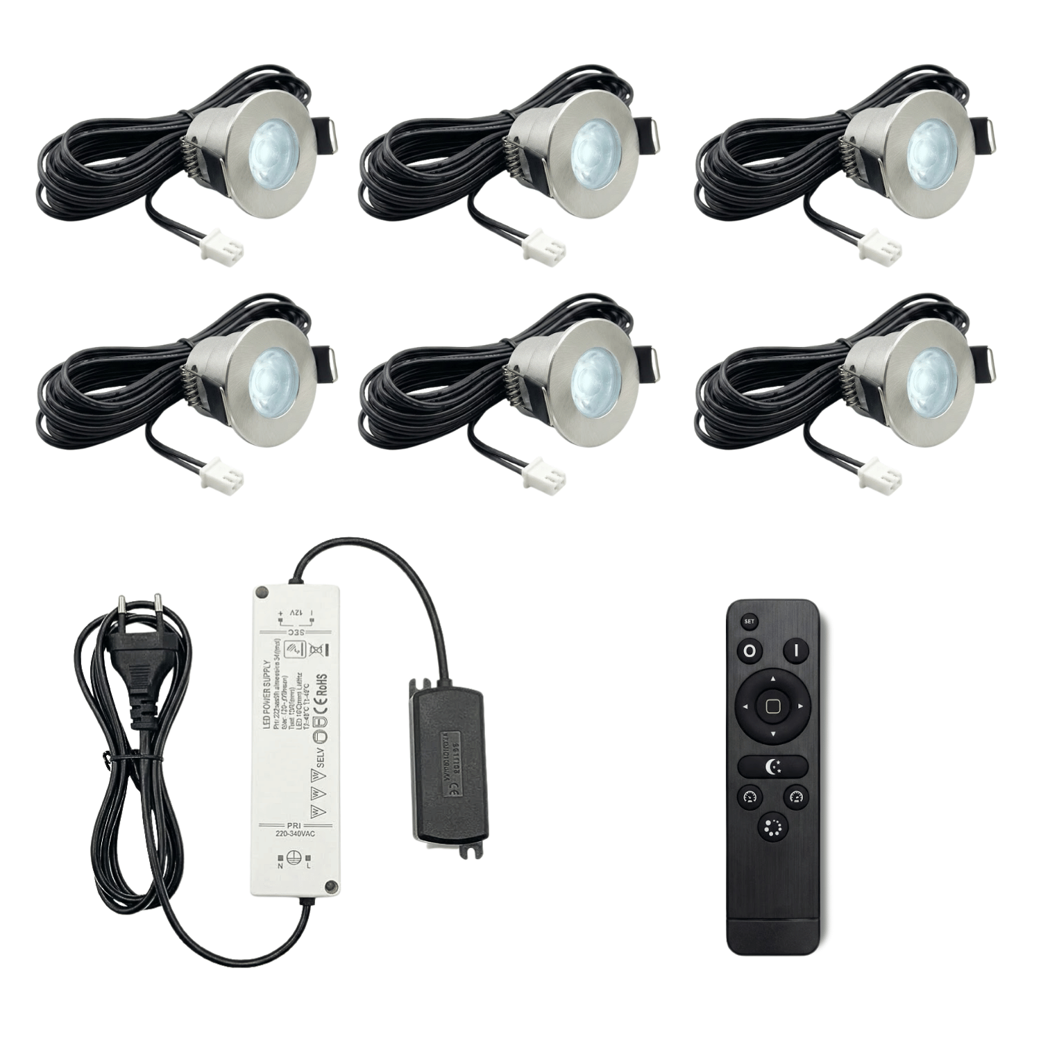 Begaman PRO Mini | Mini Silver Recessed 3W Dimmable Spot Kit | LED + 5m Cable + 36W Driver + EU Plug + Junction Box Controller, 6500K Daylight