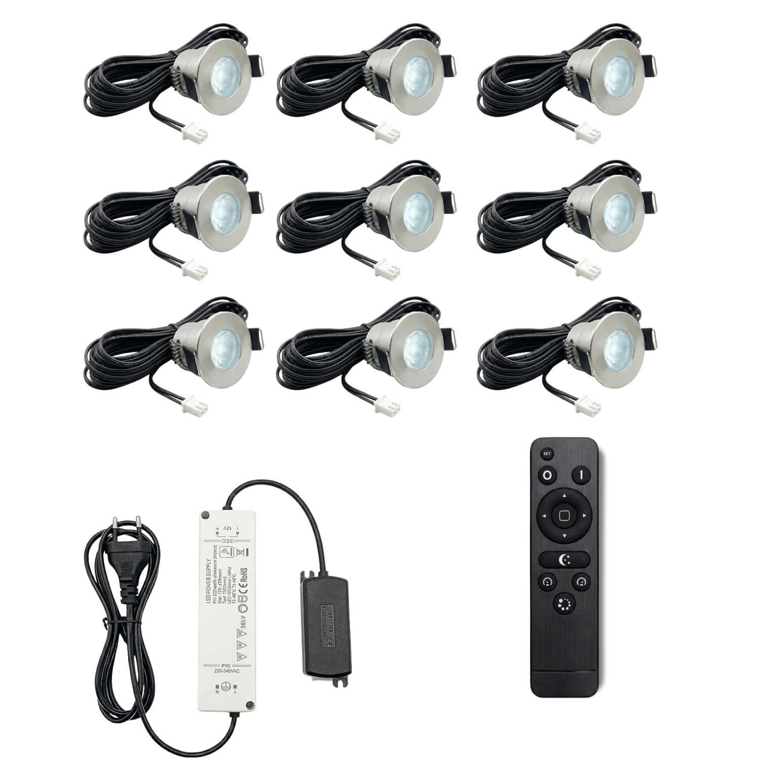 Begaman PRO Mini | Mini Silver Recessed 3W Dimmable Spot Kit | LED + 5m Cable + 36W Driver + EU Plug + Junction Box Controller, 6500K Daylight