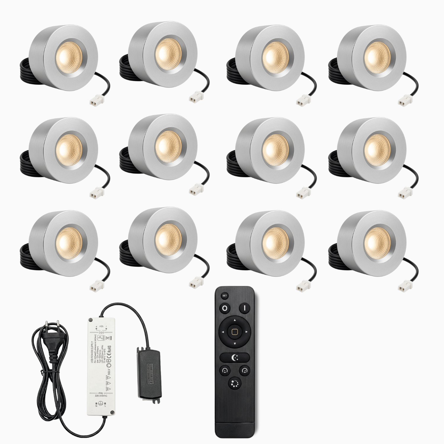 Begaman PRO Surface | Silver Surface 3W Spot Kit | LED + 5m Cable + 36W Driver + EU Plug + Junction Box + Controller, 3000K Warm White