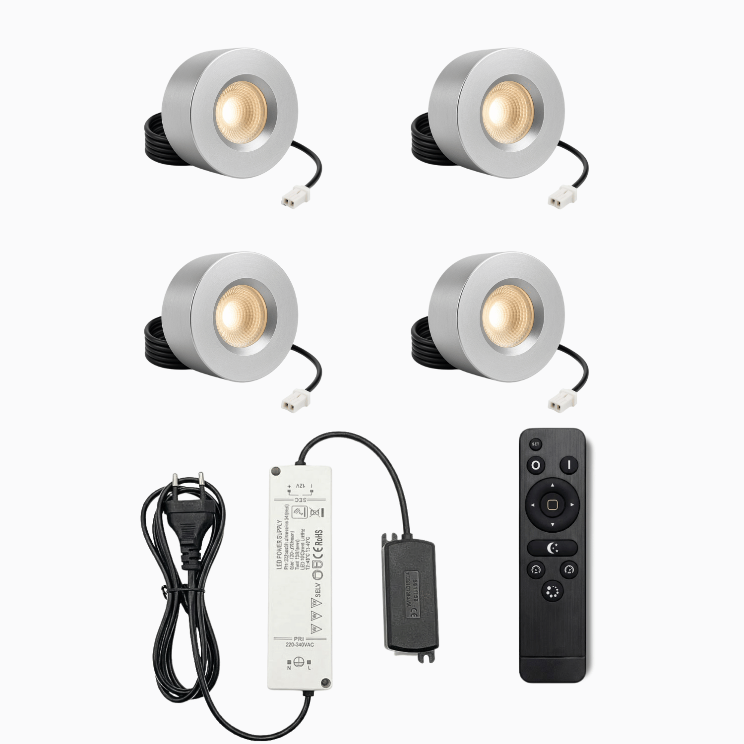 Begaman PRO Surface | Silver Surface 3W Spot Kit | LED + 5m Cable + 36W Driver + EU Plug + Junction Box + Controller, 3000K Warm White