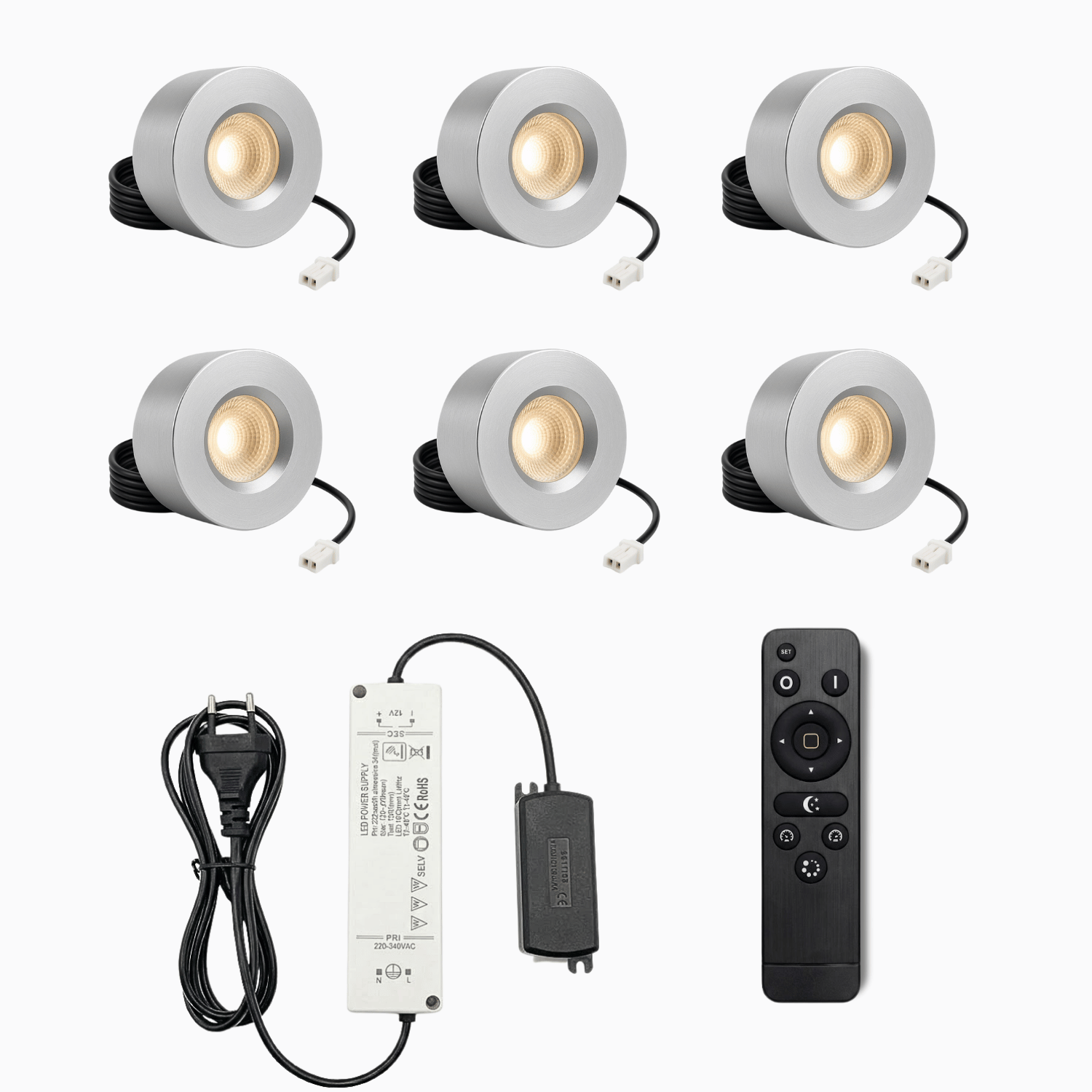 Begaman PRO Surface | Silver Surface 3W Spot Kit | LED + 5m Cable + 36W Driver + EU Plug + Junction Box + Controller, 3000K Warm White