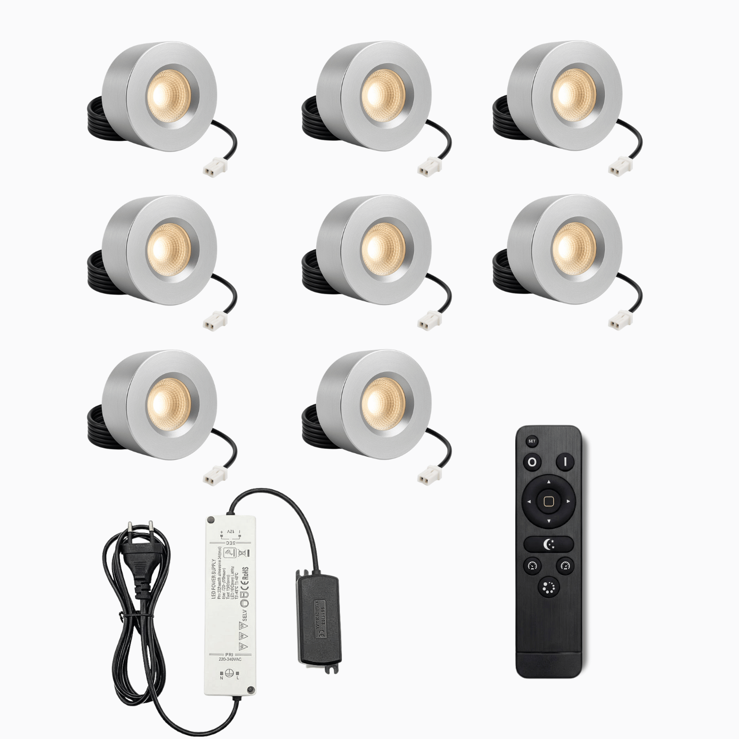 Begaman PRO Surface | Silver Surface 3W Spot Kit | LED + 5m Cable + 36W Driver + EU Plug + Junction Box + Controller, 3000K Warm White