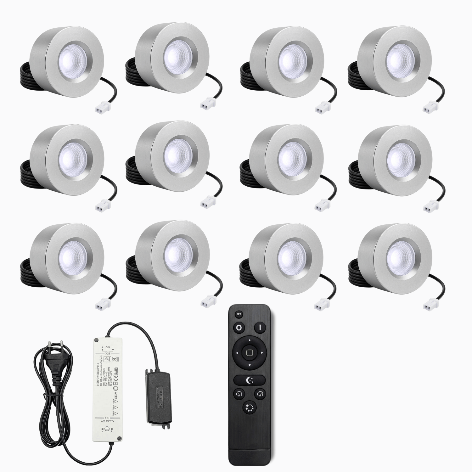 Begaman PRO Surface | Silver Surface 3W Spot Kit | LED + 5m Cable + 36W Driver + EU Plug + Junction Box Controller, 6000K Daylight