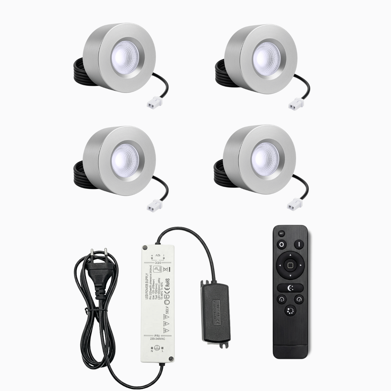 Begaman PRO Surface | Silver Surface 3W Spot Kit | LED + 5m Cable + 36W Driver + EU Plug + Junction Box Controller, 6000K Daylight