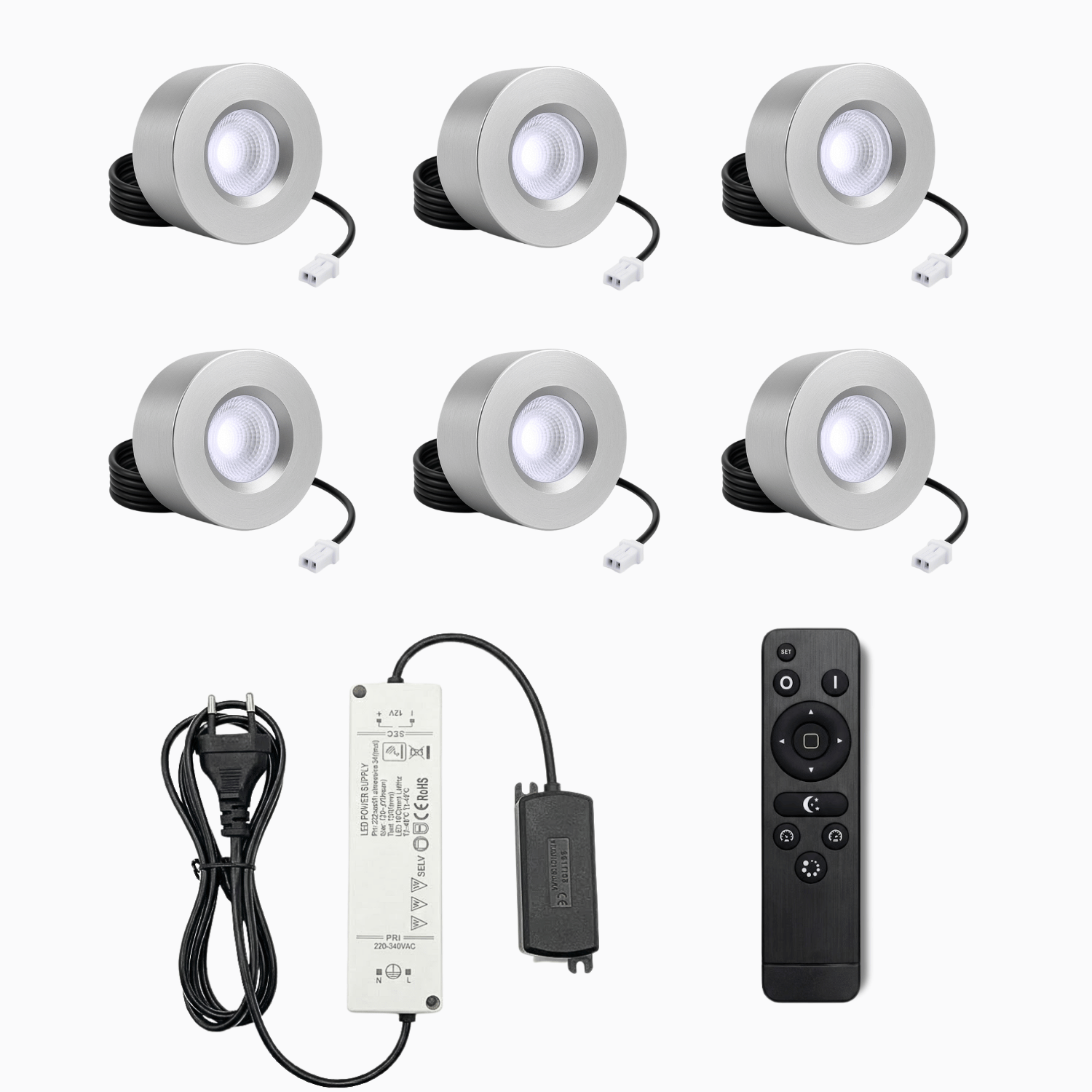 Begaman PRO Surface | Silver Surface 3W Spot Kit | LED + 5m Cable + 36W Driver + EU Plug + Junction Box Controller, 6000K Daylight