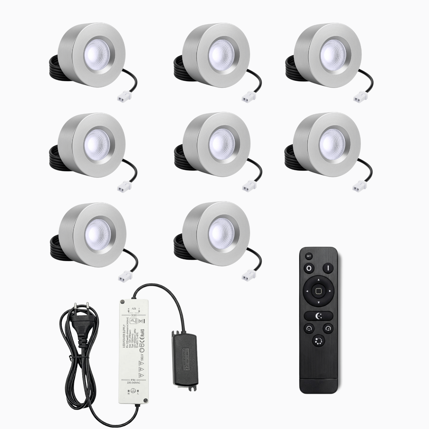 Begaman PRO Surface | Silver Surface 3W Spot Kit | LED + 5m Cable + 36W Driver + EU Plug + Junction Box Controller, 6000K Daylight