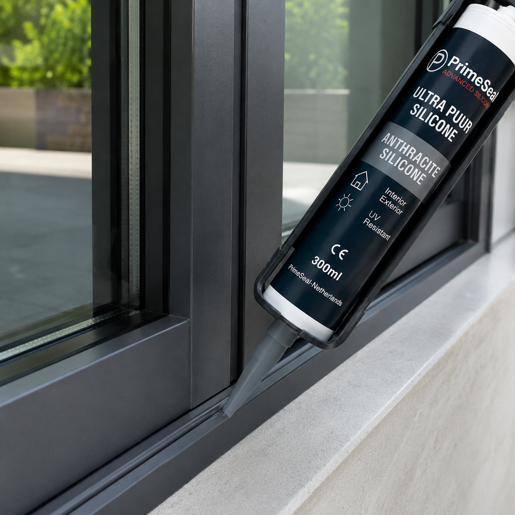 PrimeSeal Ultra PfuR Silicone Anthracite Silicone sealant being applied to a window frame joint, shown in a real-world installation context.