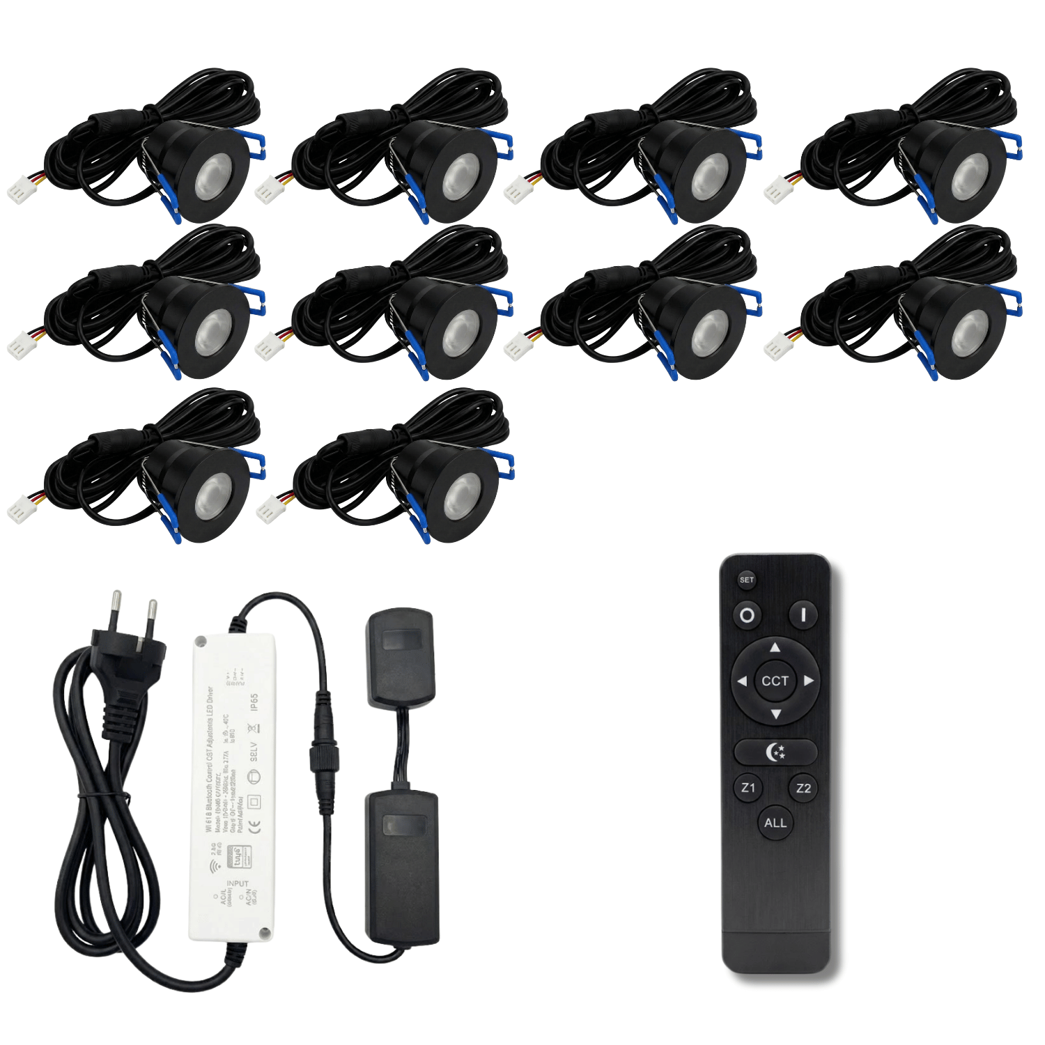 Begaman SMART CCT | Black Recessed 3W Spot Kit | LED + 5m Cable + 36W Driver + EU Plug + Junction Box + Controller, CCT 2700–6000K