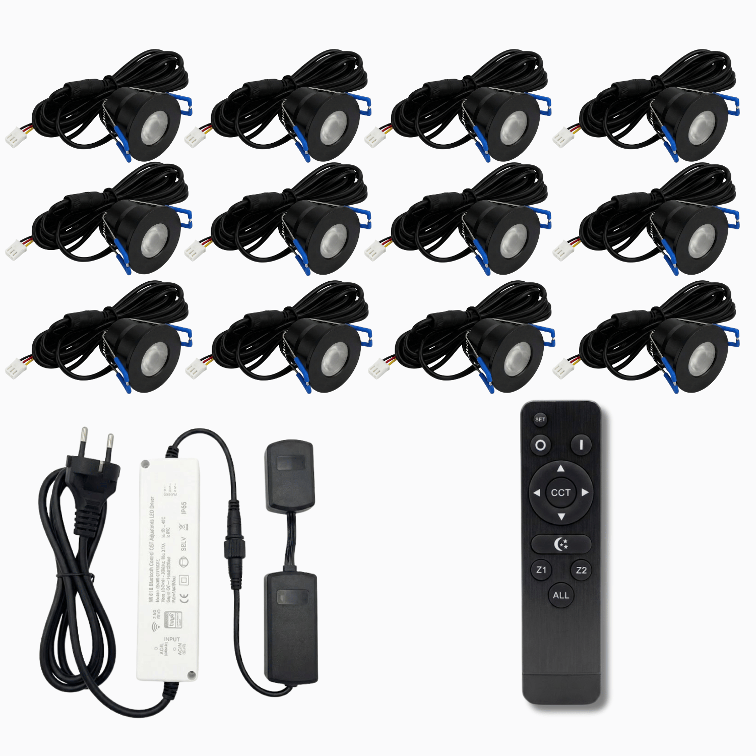 Begaman SMART CCT | Black Recessed 3W Spot Kit | LED + 5m Cable + 36W Driver + EU Plug + Junction Box + Controller, CCT 2700–6000K