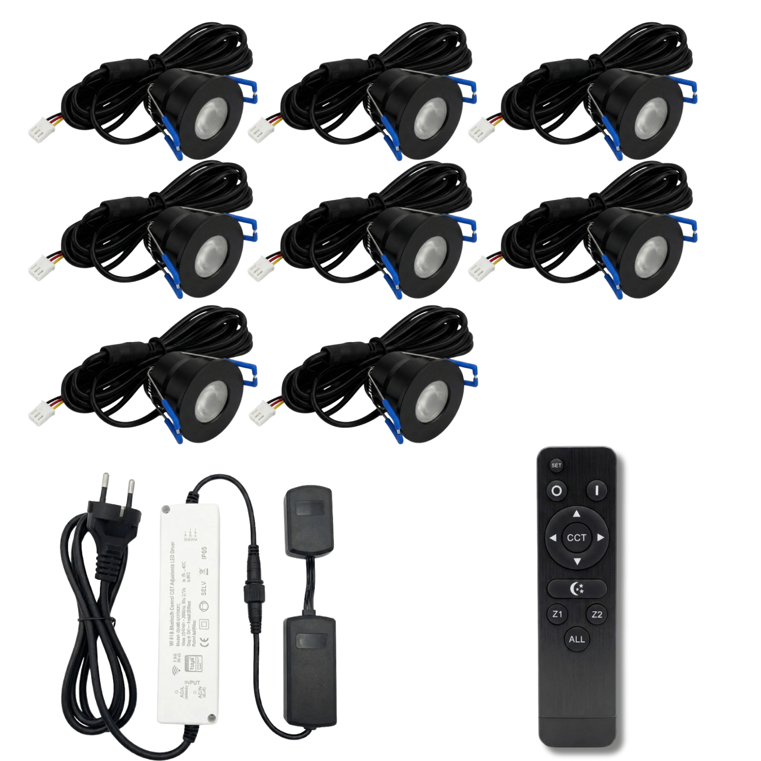 Begaman SMART CCT | Black Recessed 3W Spot Kit | LED + 5m Cable + 36W Driver + EU Plug + Junction Box + Controller, CCT 2700–6000K