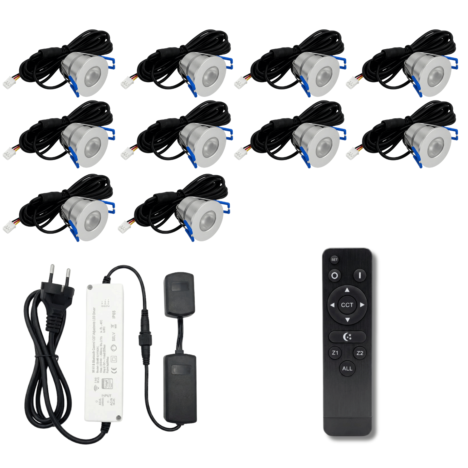 Begaman SMART CCT | Silver Recessed 3W Spot Kit | LED + 5m Cable + 36W Driver + EU Plug + Junction Box + Controller, CCT 2700–6000K