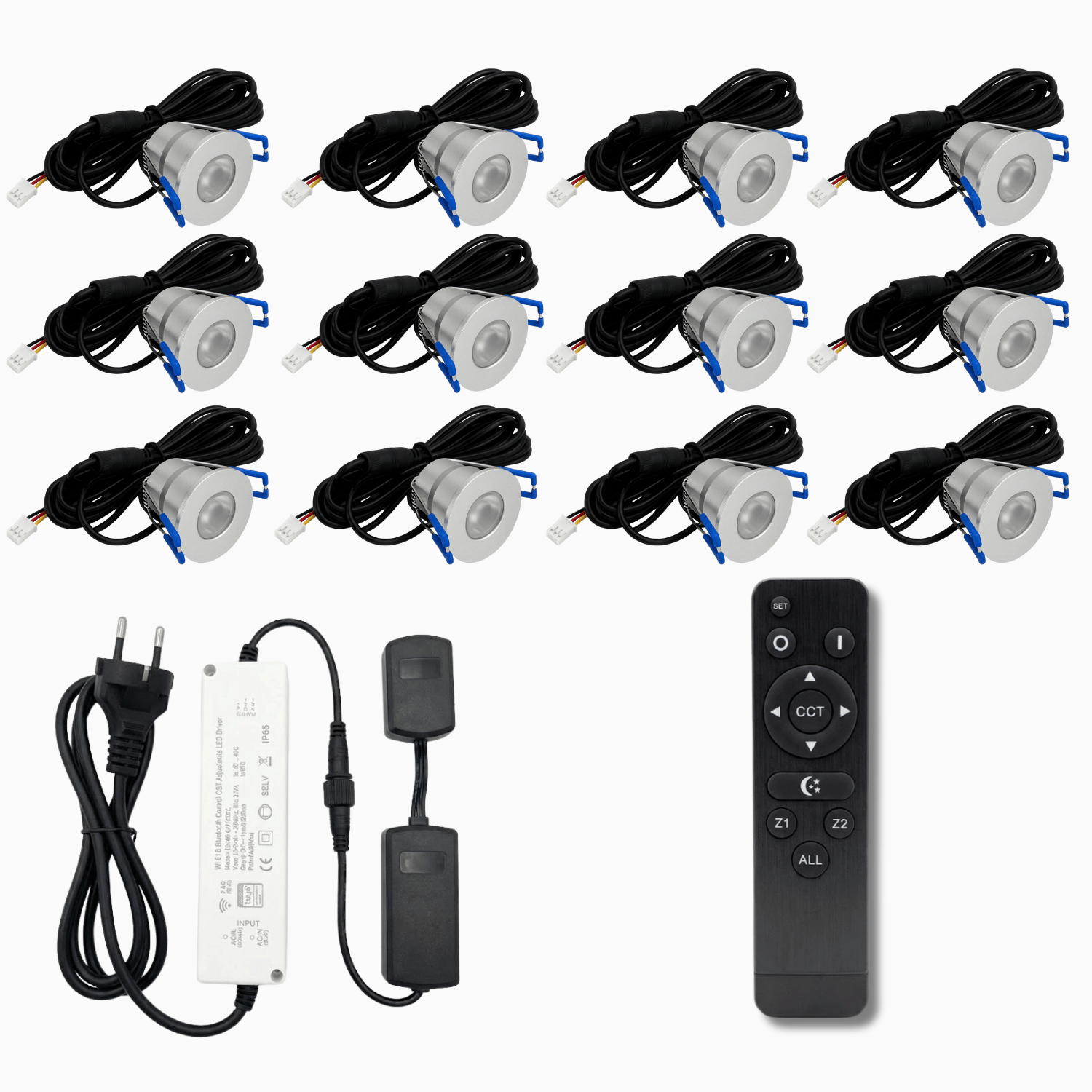 Begaman SMART CCT | Silver Recessed 3W Spot Kit | LED + 5m Cable + 36W Driver + EU Plug + Junction Box + Controller, CCT 2700–6000K