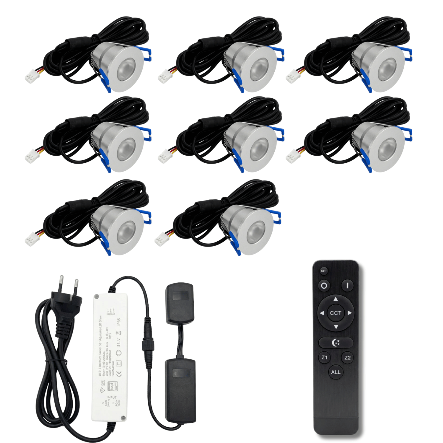 Begaman SMART CCT | Silver Recessed 3W Spot Kit | LED + 5m Cable + 36W Driver + EU Plug + Junction Box + Controller, CCT 2700–6000K