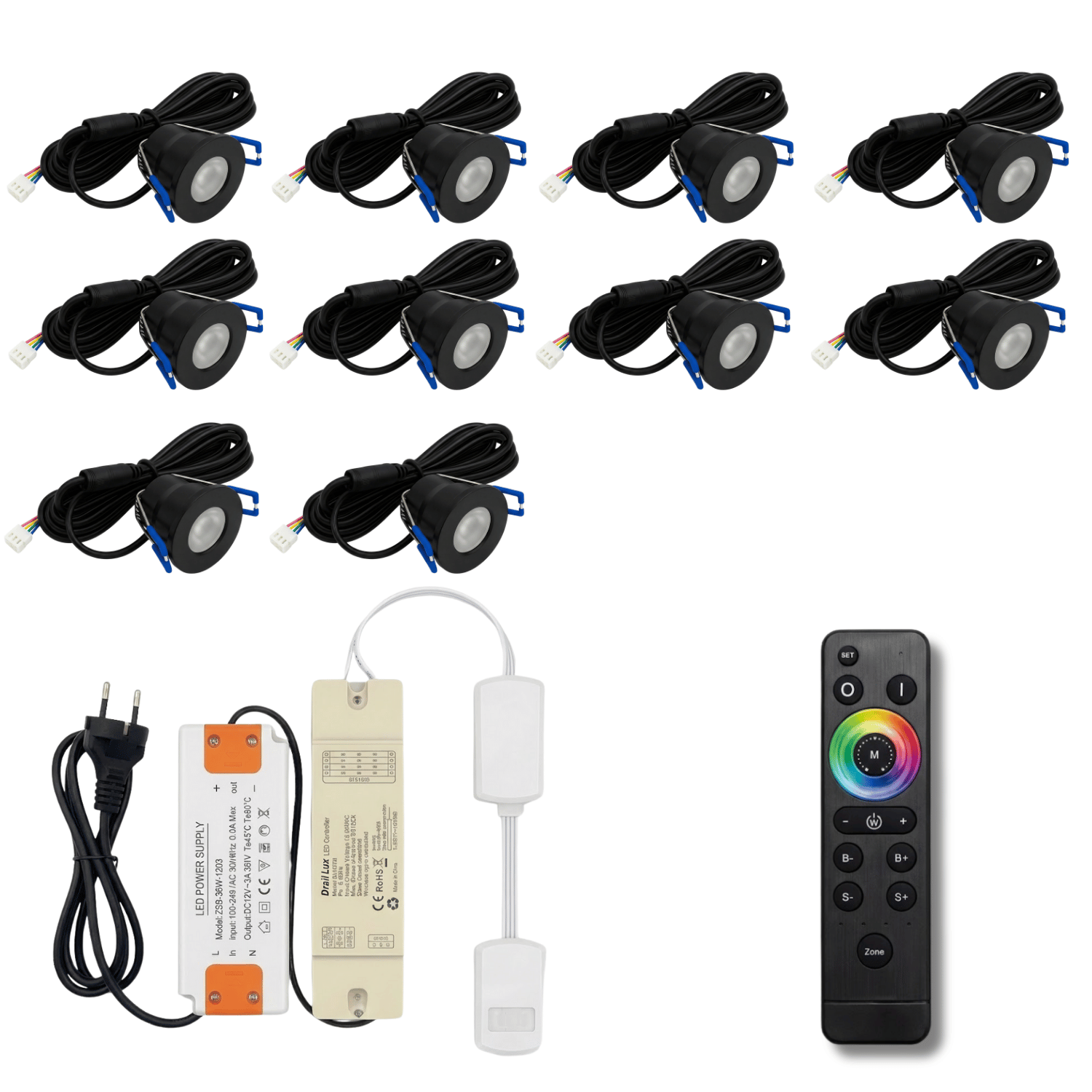 Begaman SMART Colour | Black Recessed 3W Spot Kit | LED + 5m Cable + 36W Driver + EU Plug + Junction Box + Controller, RGB Full Colour
