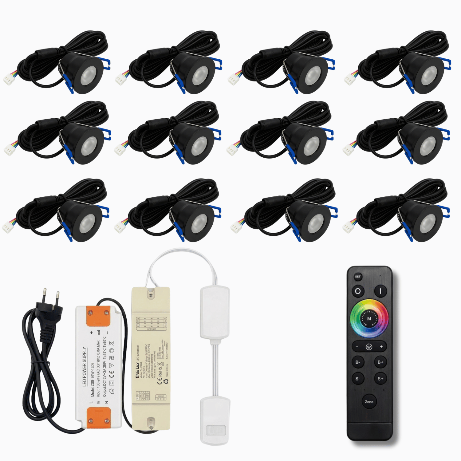 Begaman SMART Colour | Black Recessed 3W Spot Kit | LED + 5m Cable + 36W Driver + EU Plug + Junction Box + Controller, RGB Full Colour