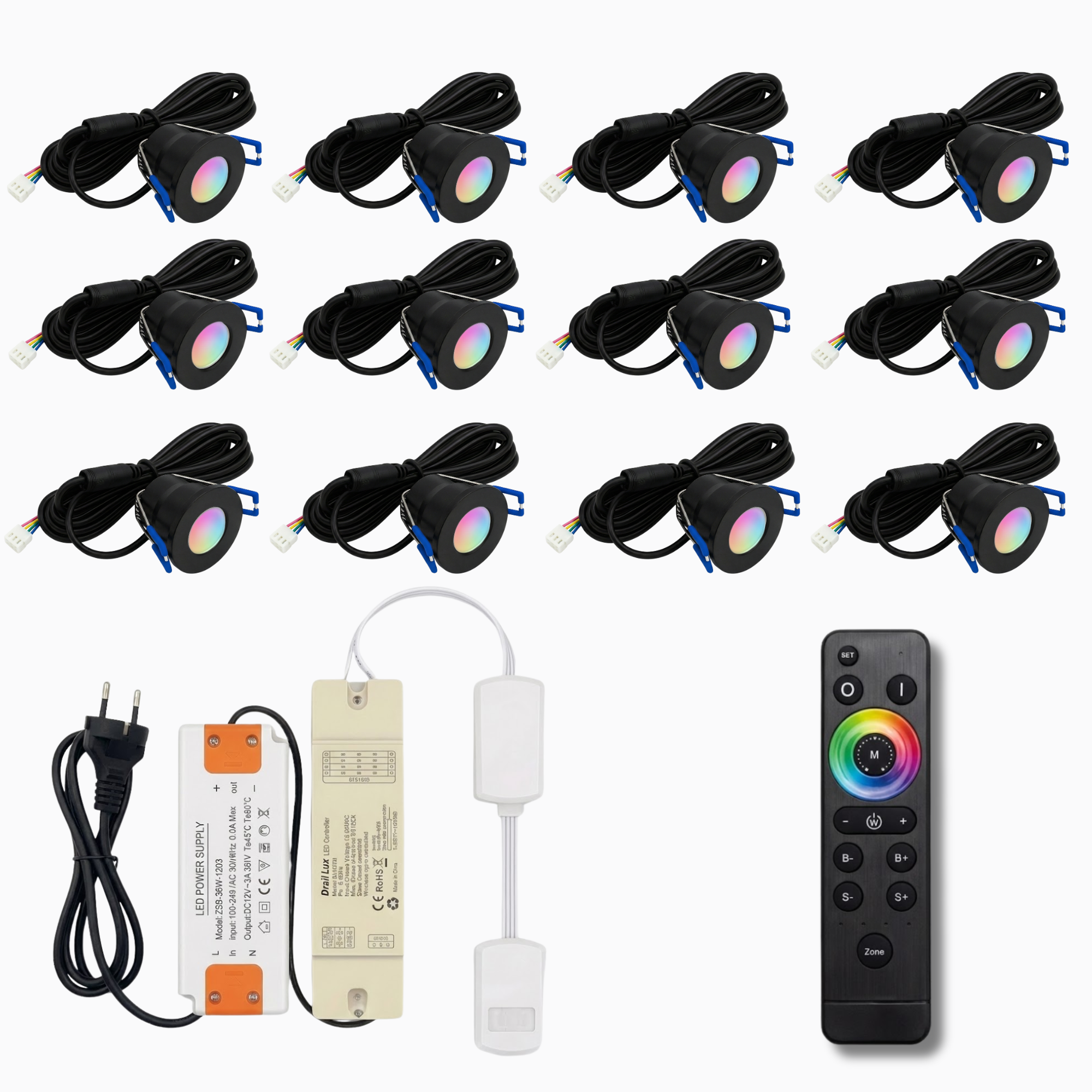 Begaman SMART Colour | Black Recessed 3W Spot Kit | LED + 5m Cable + 36W Driver + EU Plug + Junction Box + Controller, RGB Full Colour