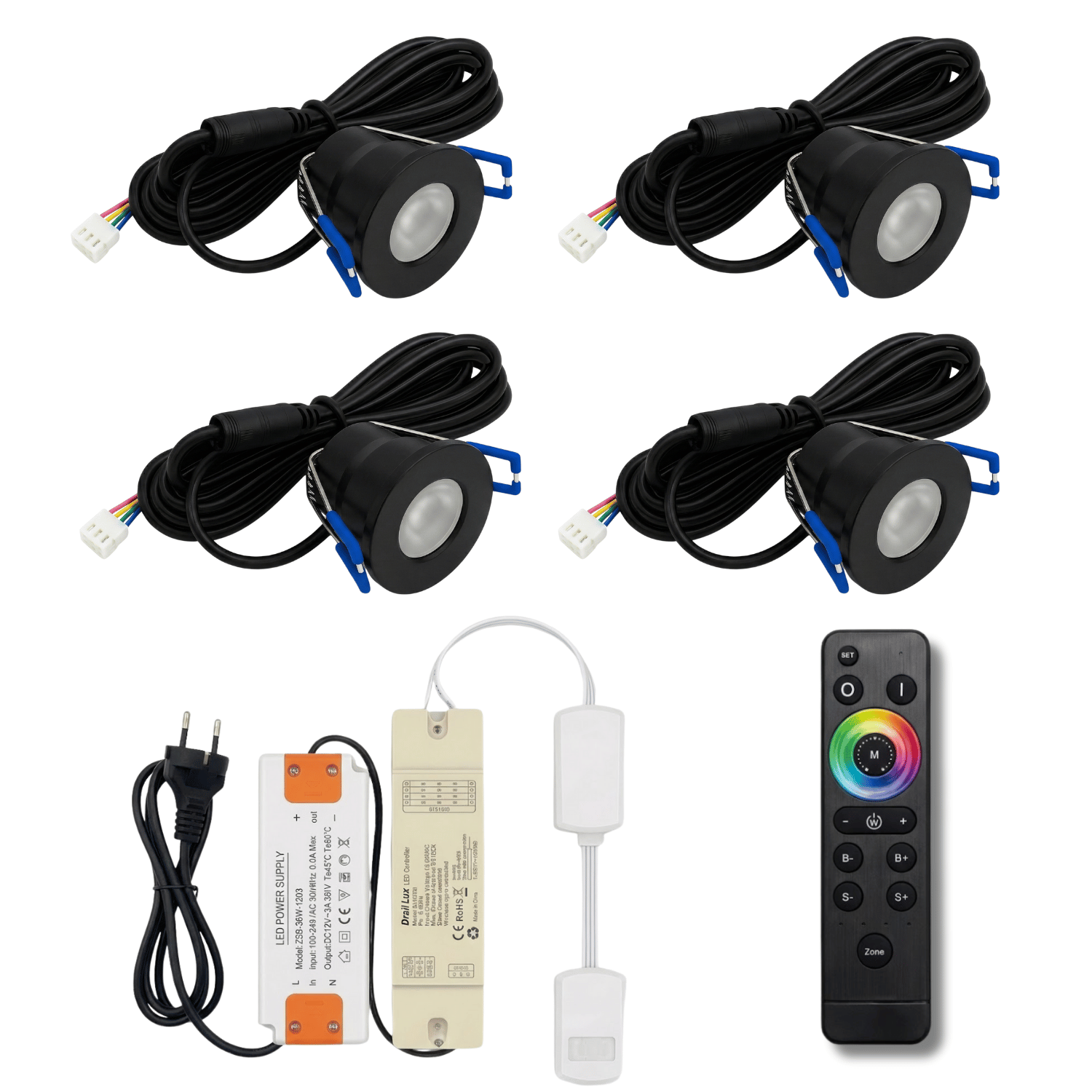 Begaman SMART Colour | Black Recessed 3W Spot Kit | LED + 5m Cable + 36W Driver + EU Plug + Junction Box + Controller, RGB Full Colour