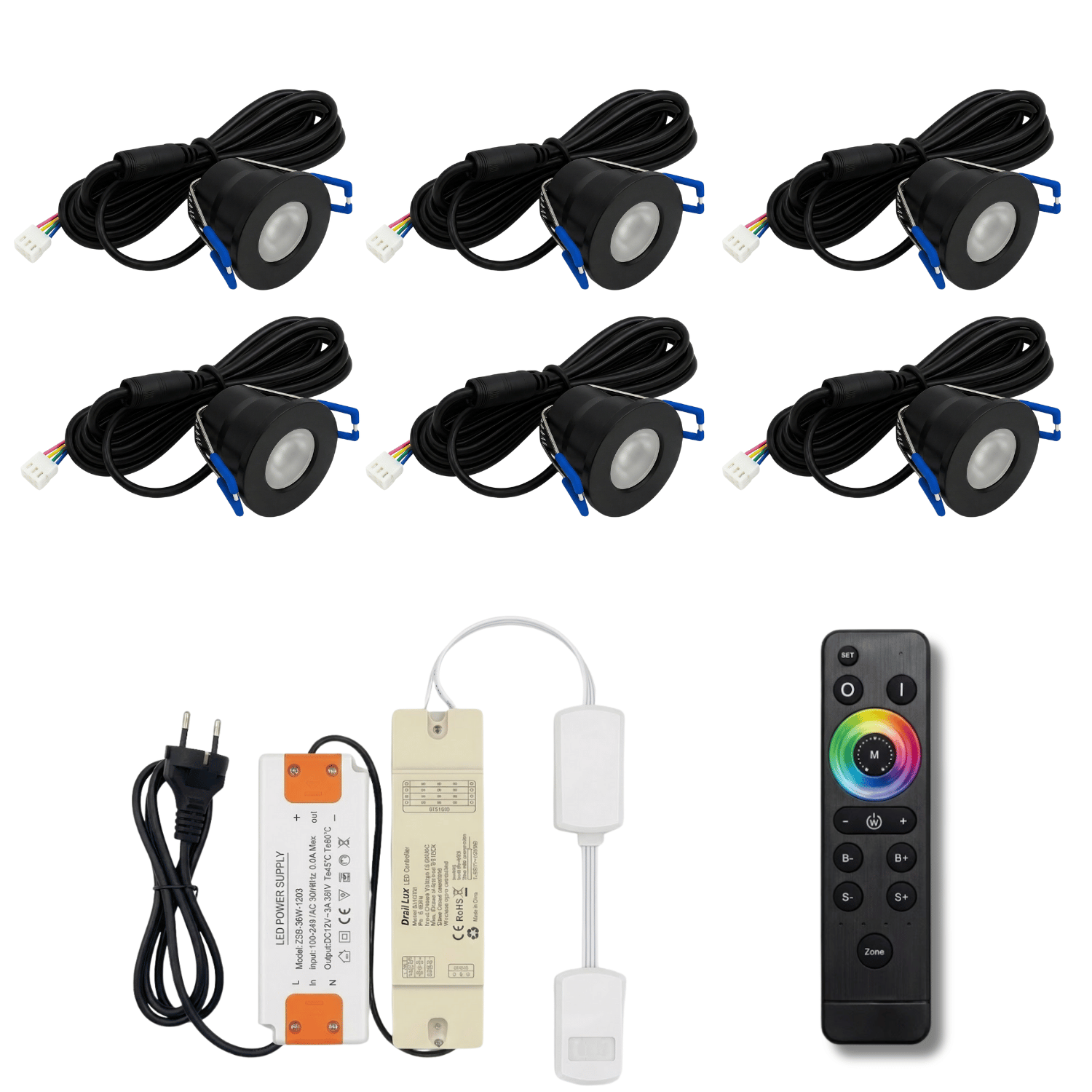 Begaman SMART Colour | Black Recessed 3W Spot Kit | LED + 5m Cable + 36W Driver + EU Plug + Junction Box + Controller, RGB Full Colour