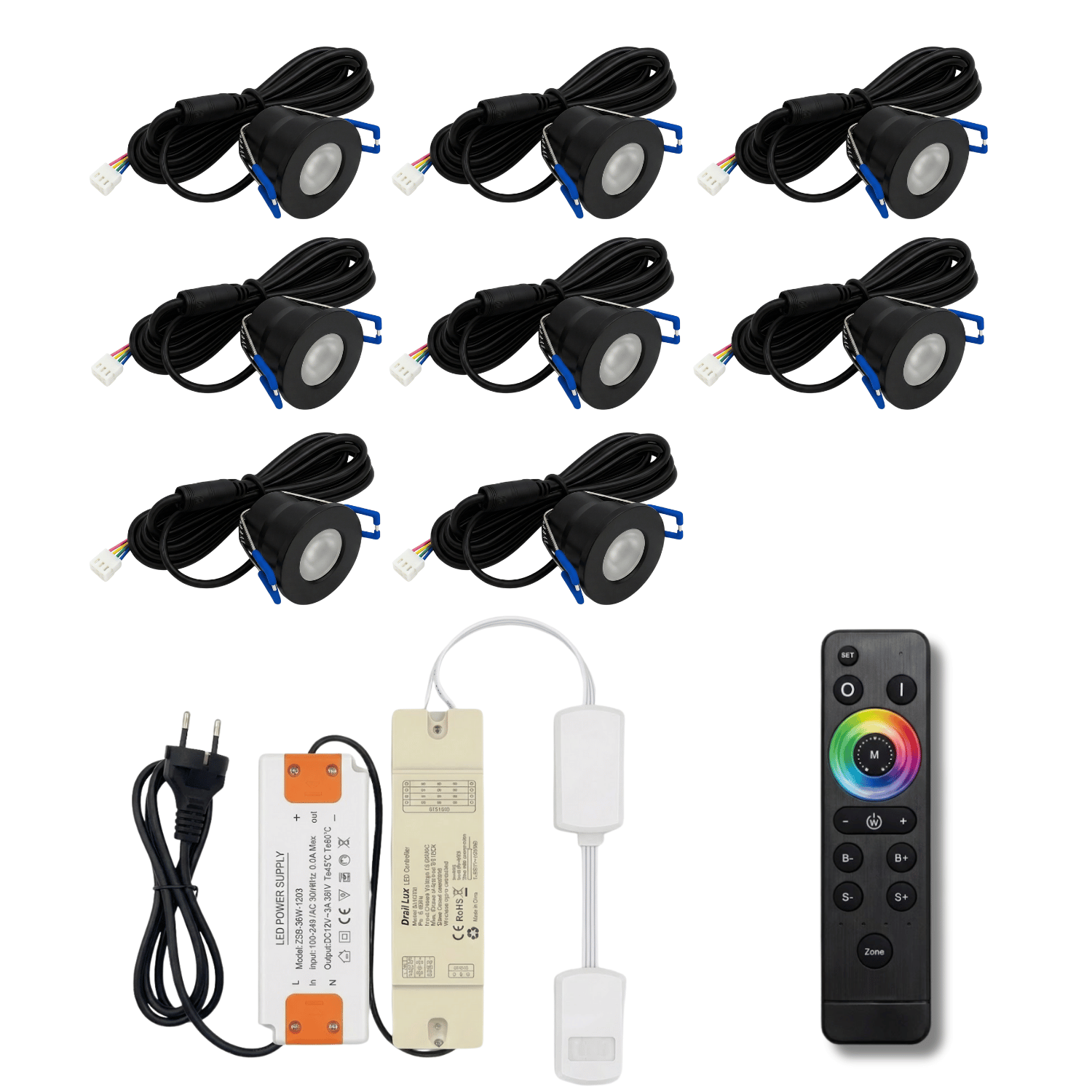 Begaman SMART Colour | Black Recessed 3W Spot Kit | LED + 5m Cable + 36W Driver + EU Plug + Junction Box + Controller, RGB Full Colour
