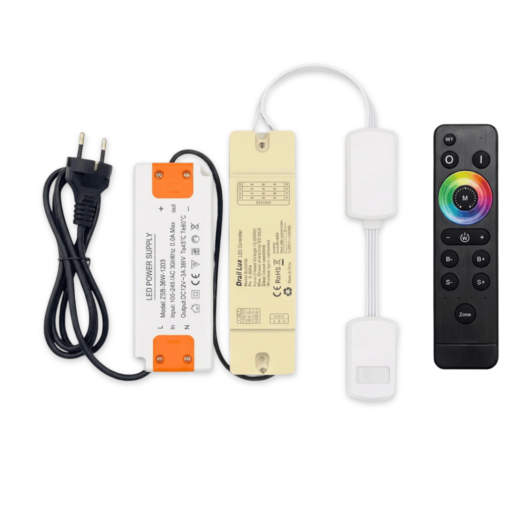 Begaman SMART Colour | Schwarzes 3W-Einbauspot-Set | LED + 5m Kabel + 36W Treiber + EU-Stecker + Anschlussdose + Controller, RGB-Vollfarbe
