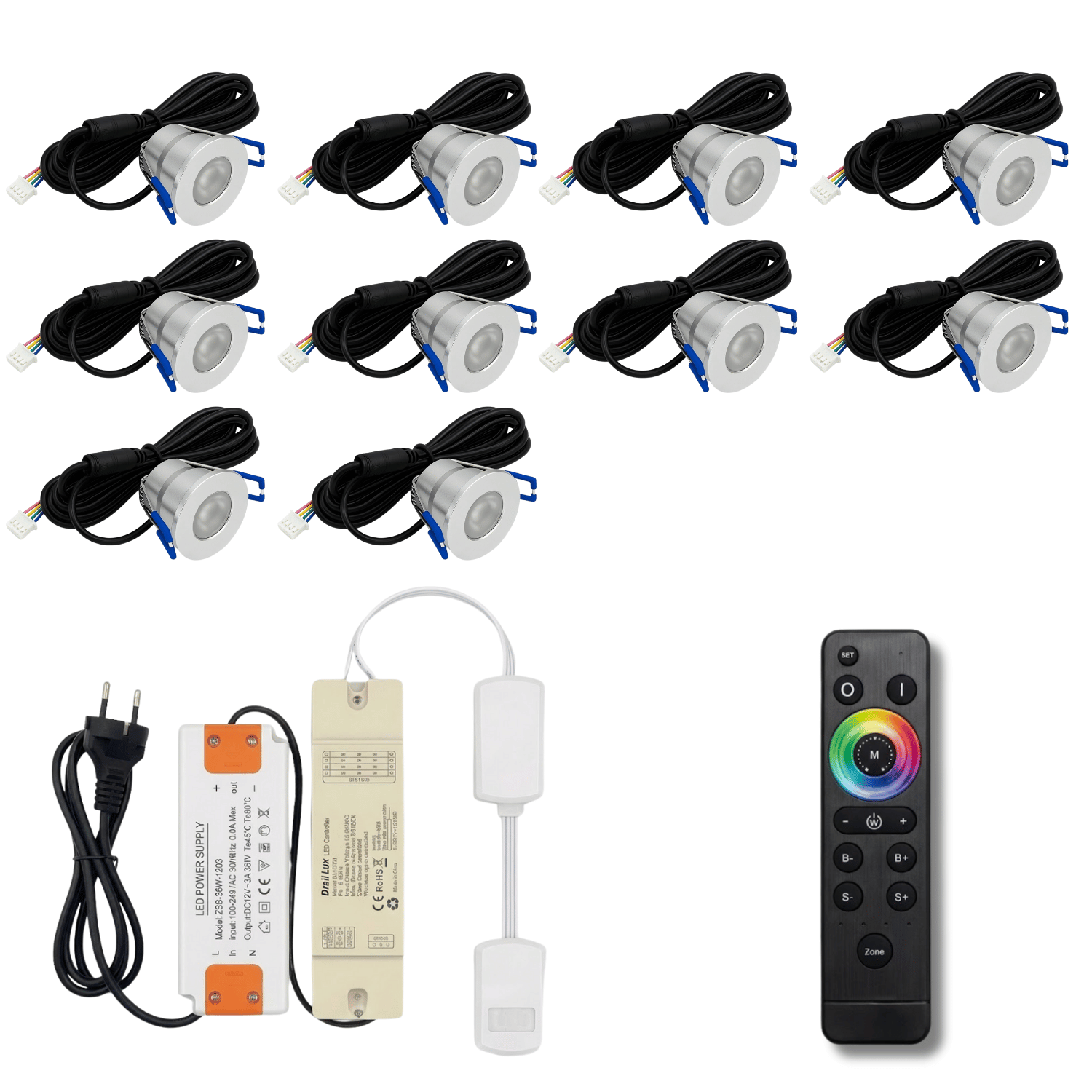 Begaman SMART Colour | Silver Recessed 3W Spot Kit | LED + 5m Cable + 36W Driver + EU Plug + Junction Box + Controller, RGB Full Colour
