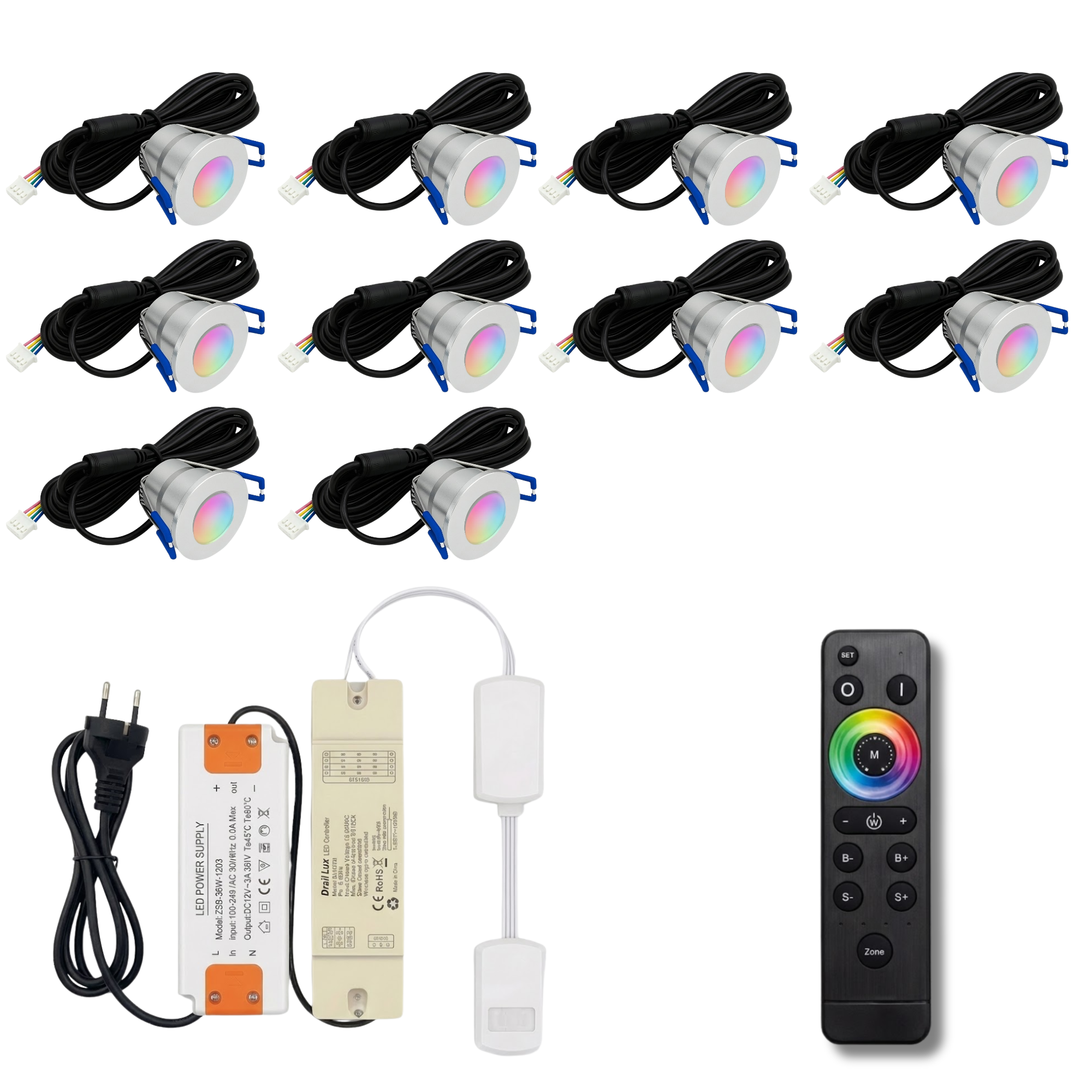 Begaman SMART Colour | Silver Recessed 3W Spot Kit | LED + 5m Cable + 36W Driver + EU Plug + Junction Box + Controller, RGB Full Colour